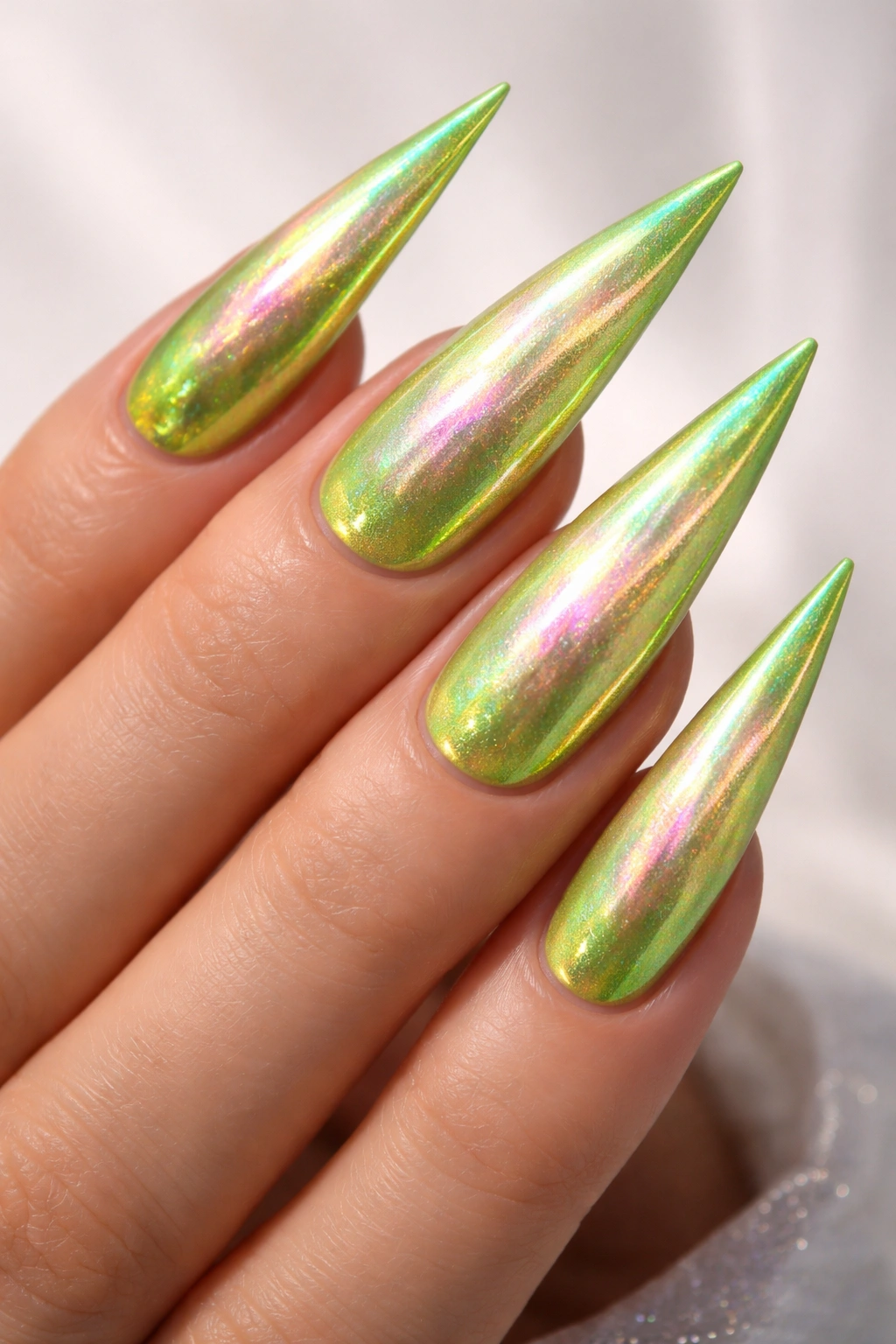 Close-up of holographic lime green stiletto nails showing color-shifting iridescence