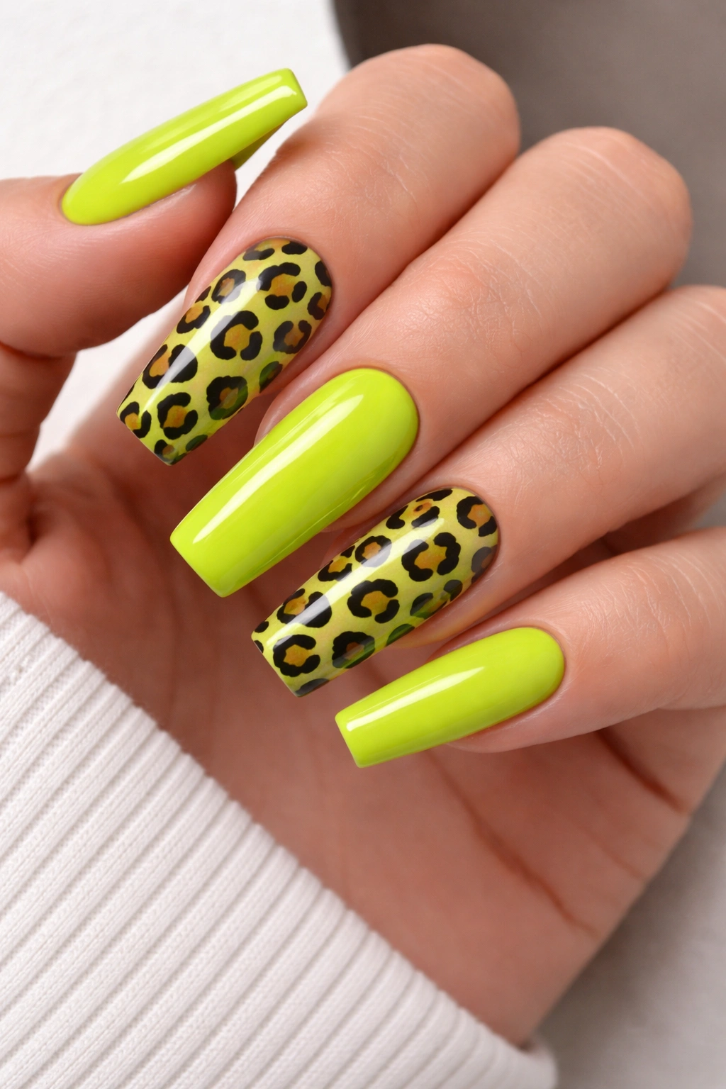 Lime green nails with black leopard print pattern.