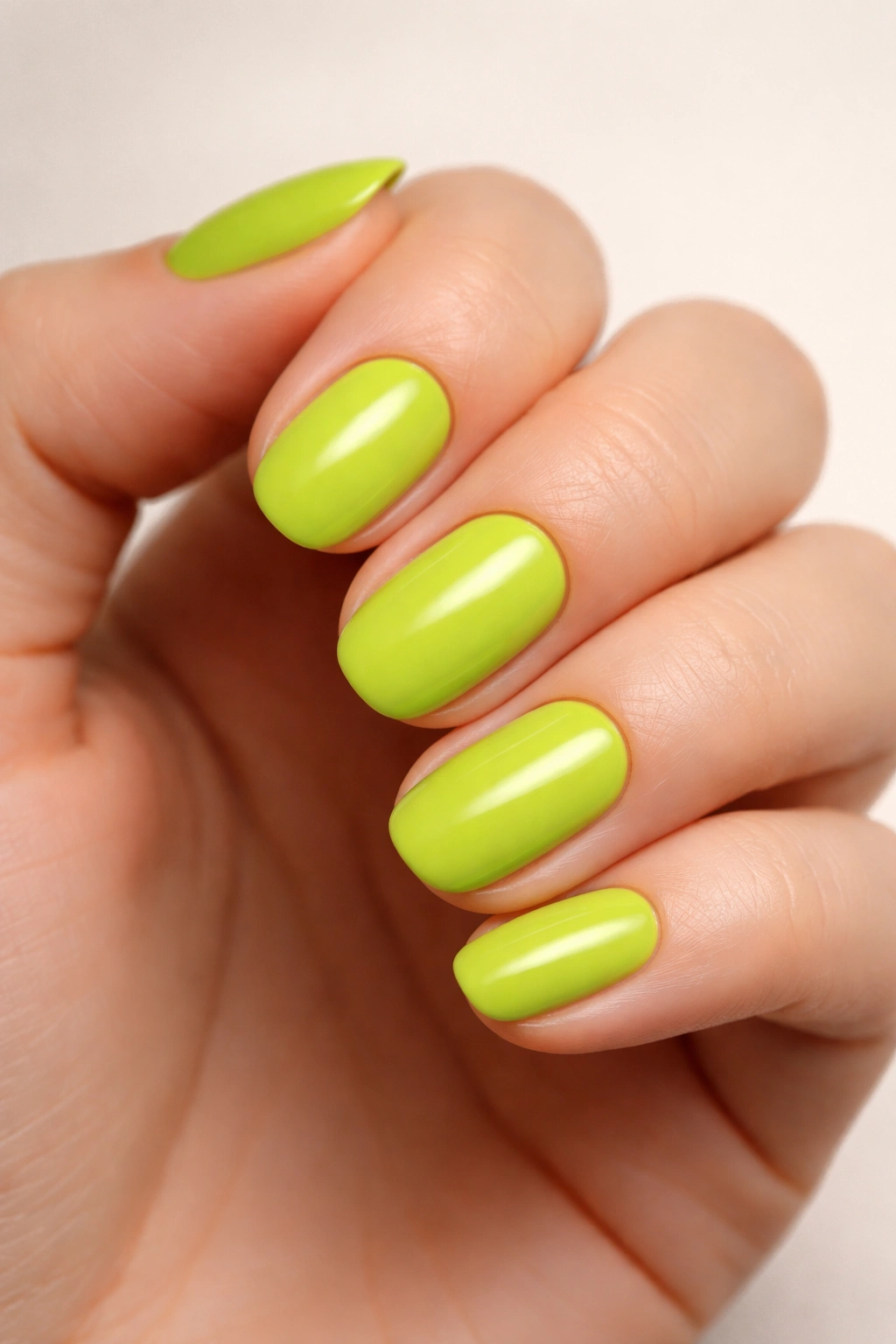 Close-up of lime green short oval nails with creamy finish