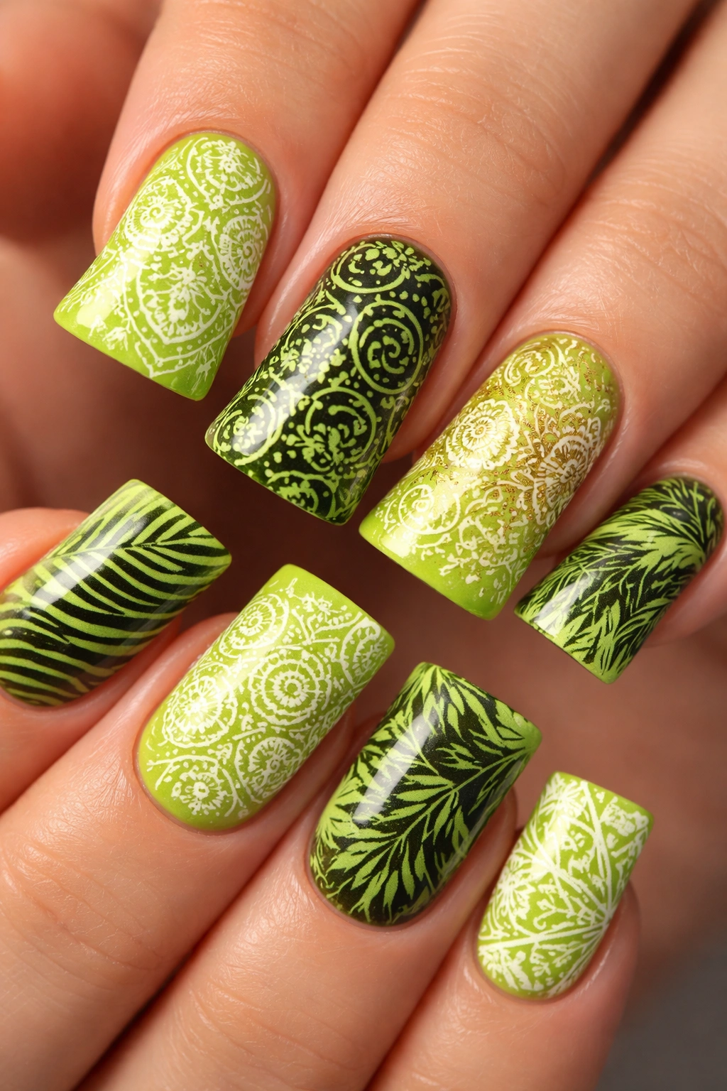 Lime green nails with intricate stamped patterns on each nail