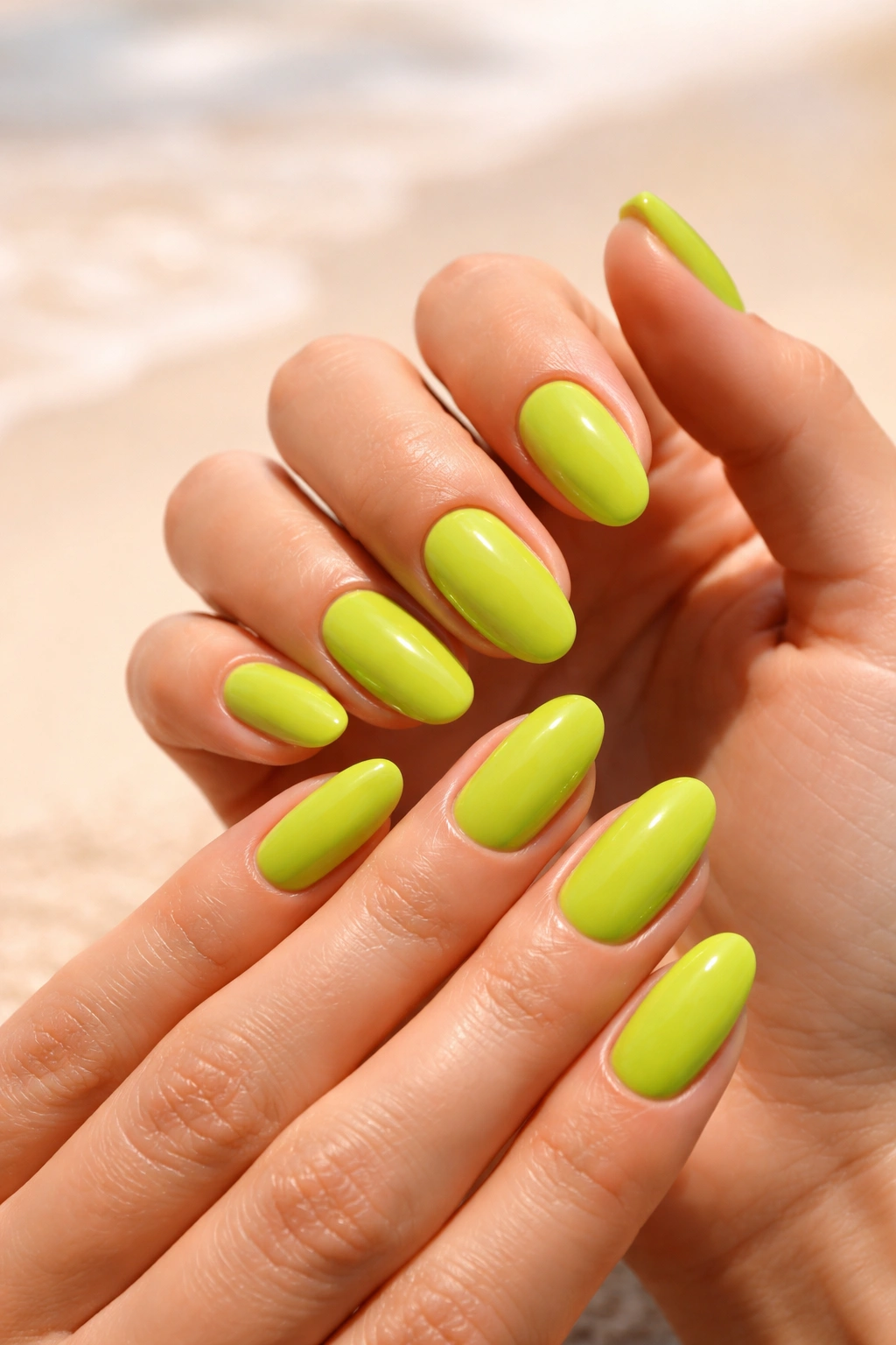 Close-up of lime green nails on sun-kissed skin.