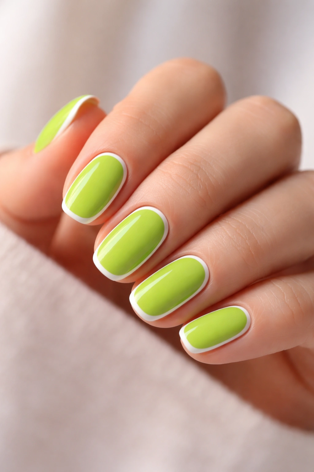 Close-up of short oval nails with lime green polish and white outline