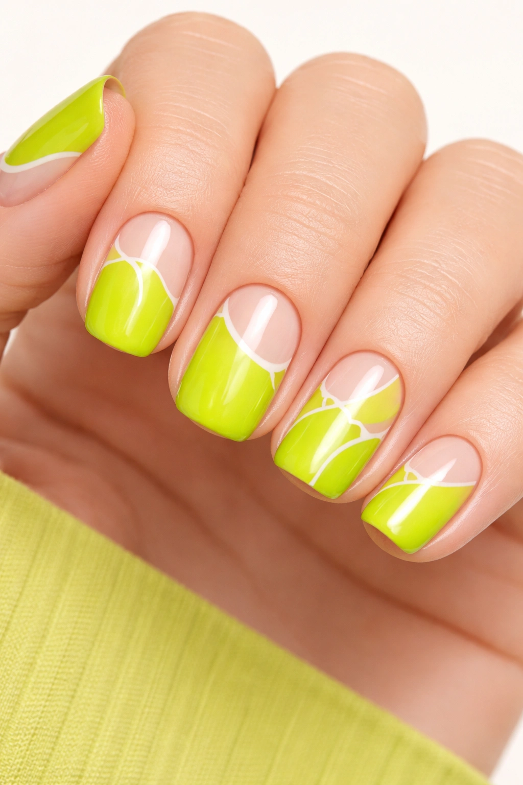 Close-up of lime green squoval nails with negative space shapes