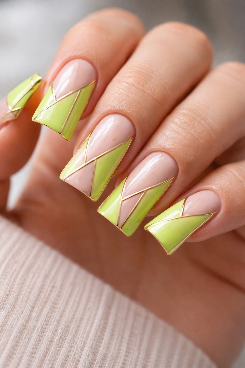 Close-up of duck nails with nude base and lime geometric blocks with gold lines.