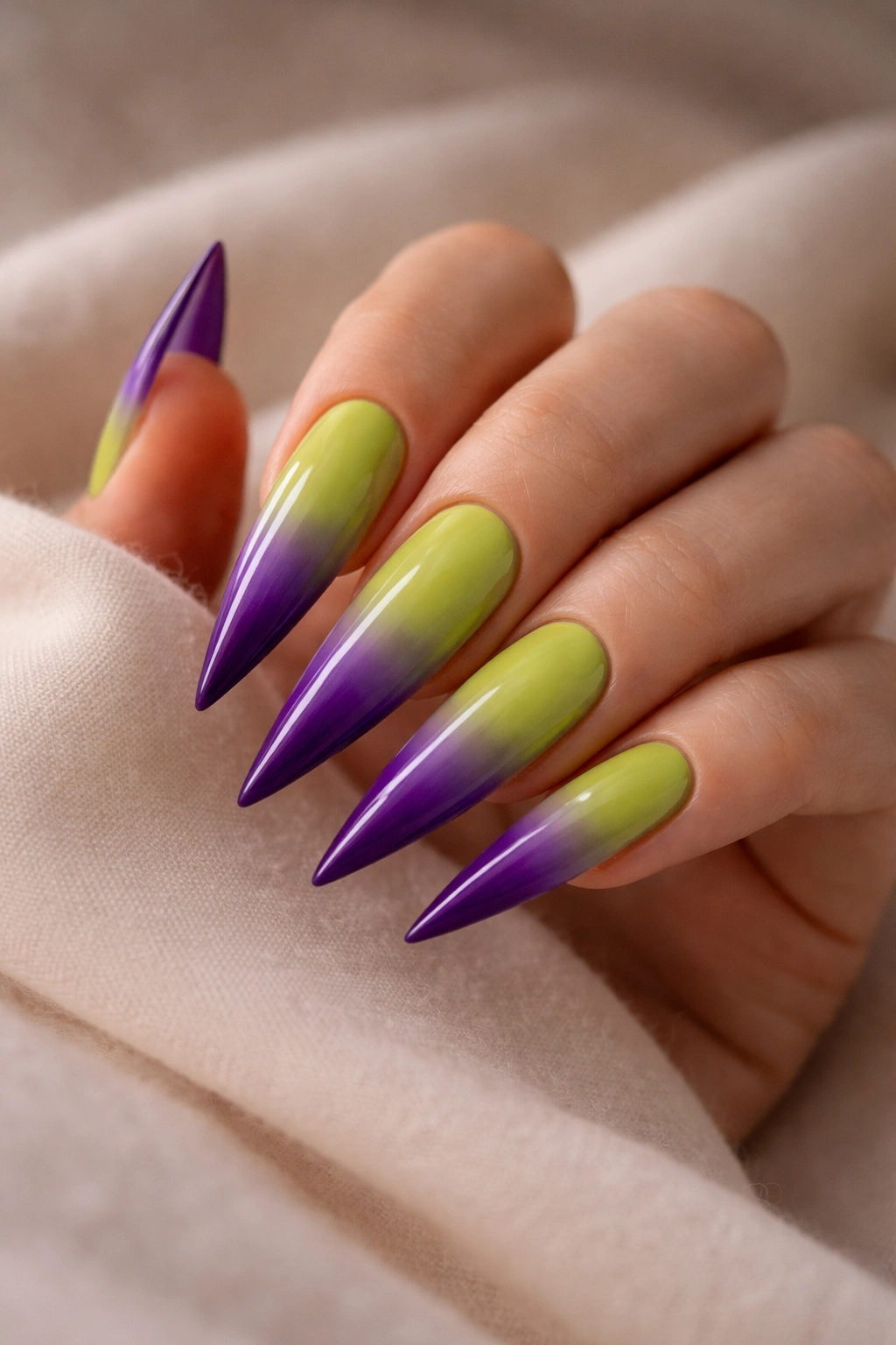 Lime green to purple ombré stiletto nails with smooth gradient