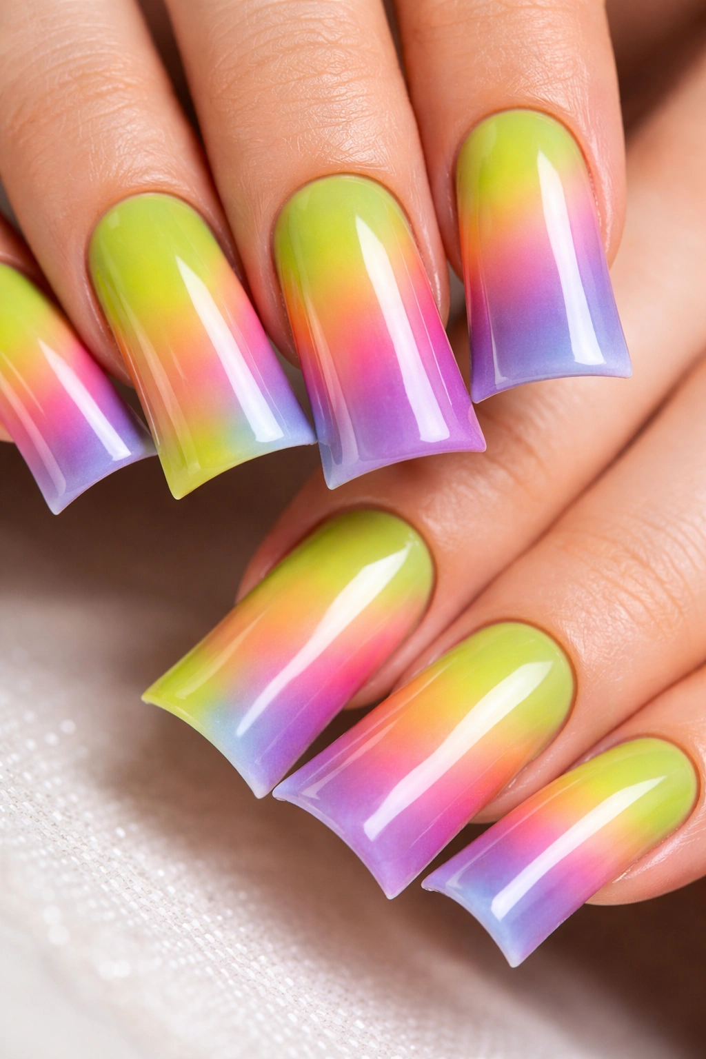 Close-up of lime green duck nails with rainbow gradient across the nail.