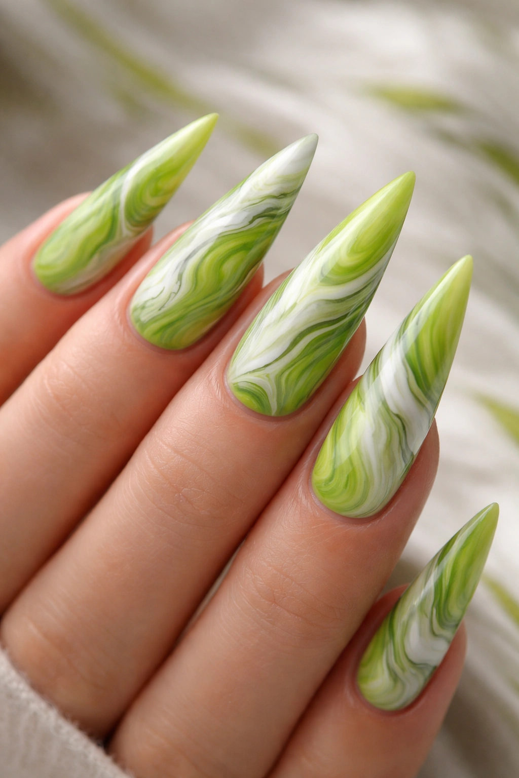 Lime green marble nail design close-up