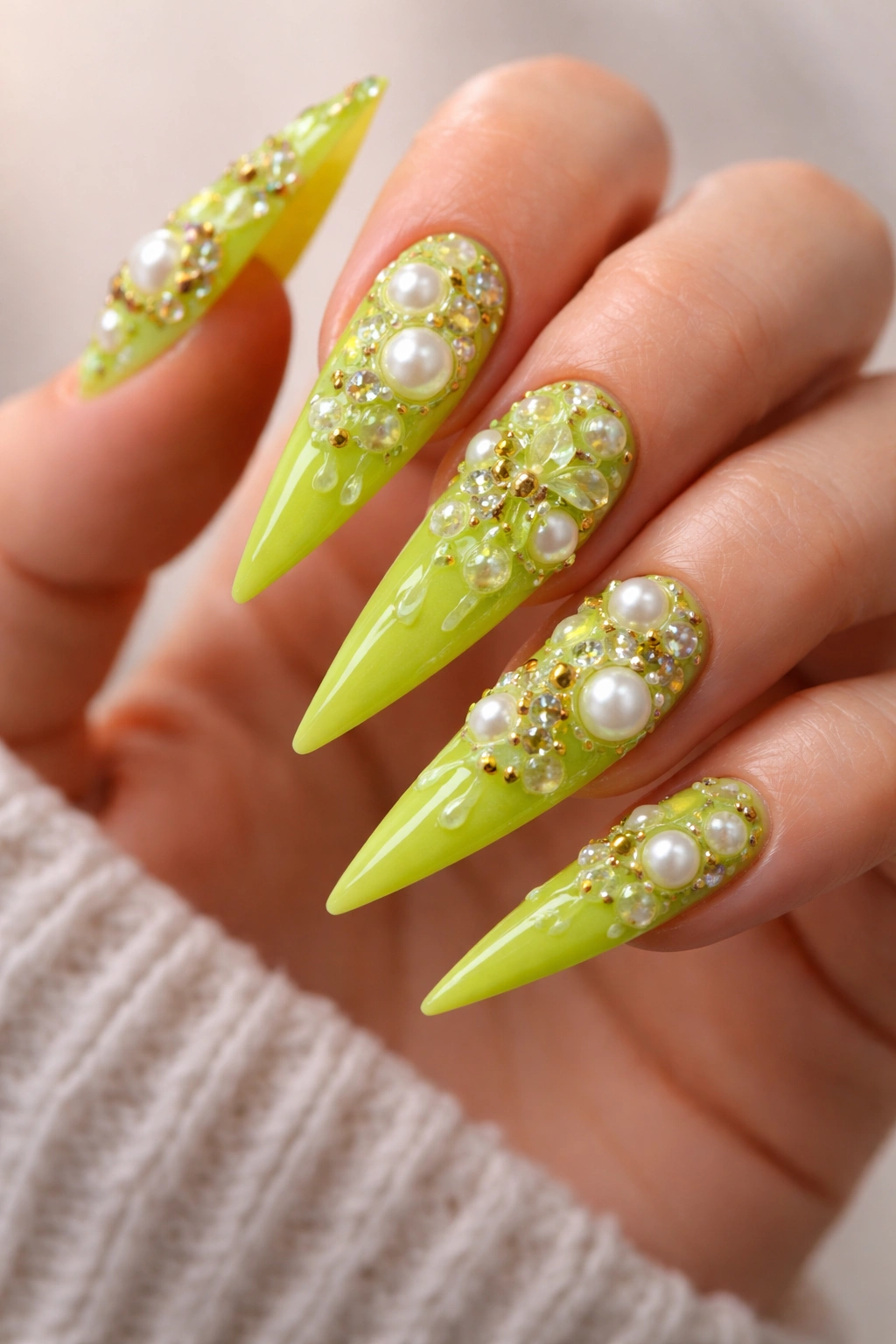 Lime green stiletto nails with 3D embellishments such as studs and pearls