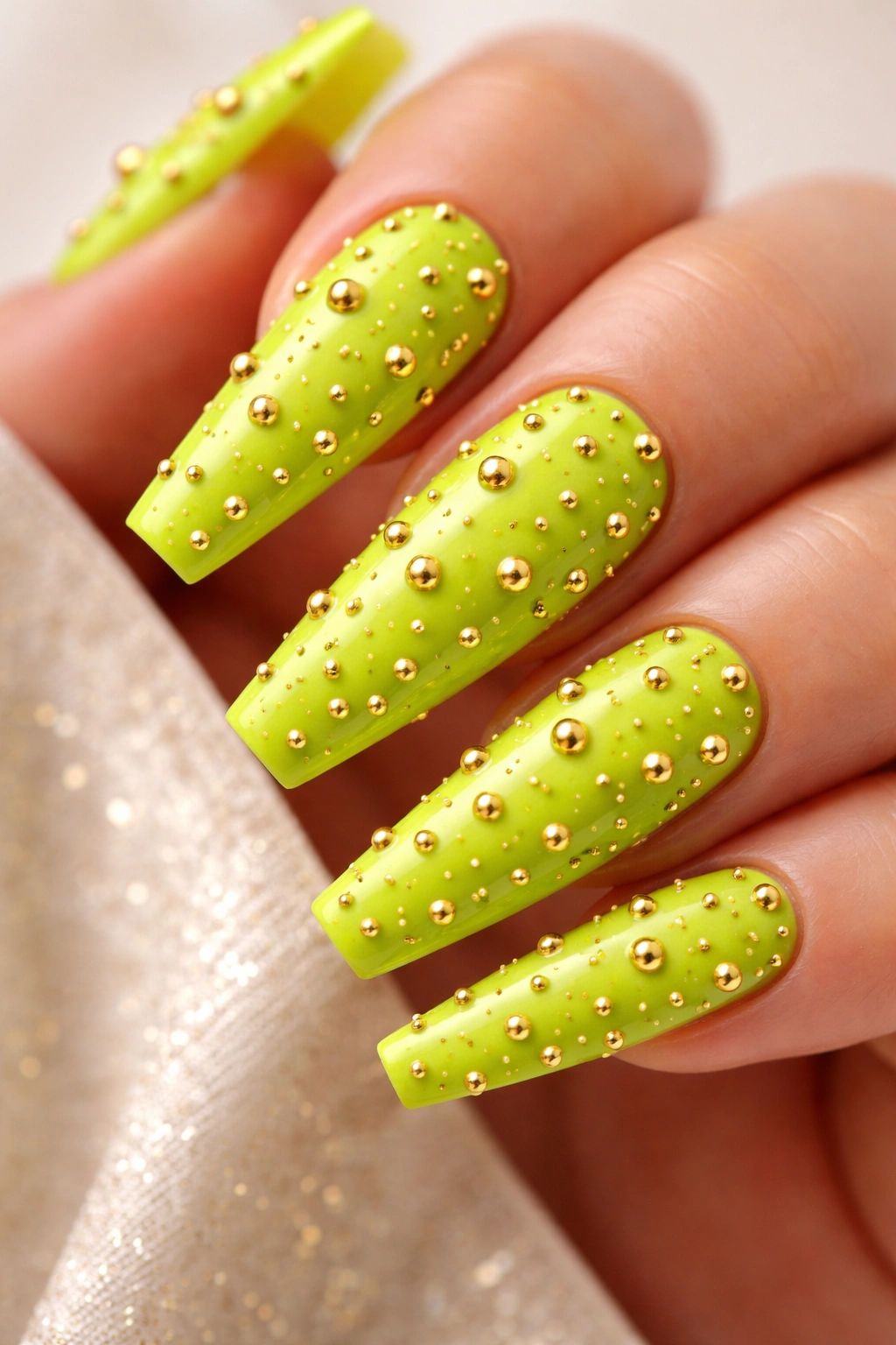 Coffin nails in hot lime with 3D gold ball accents.