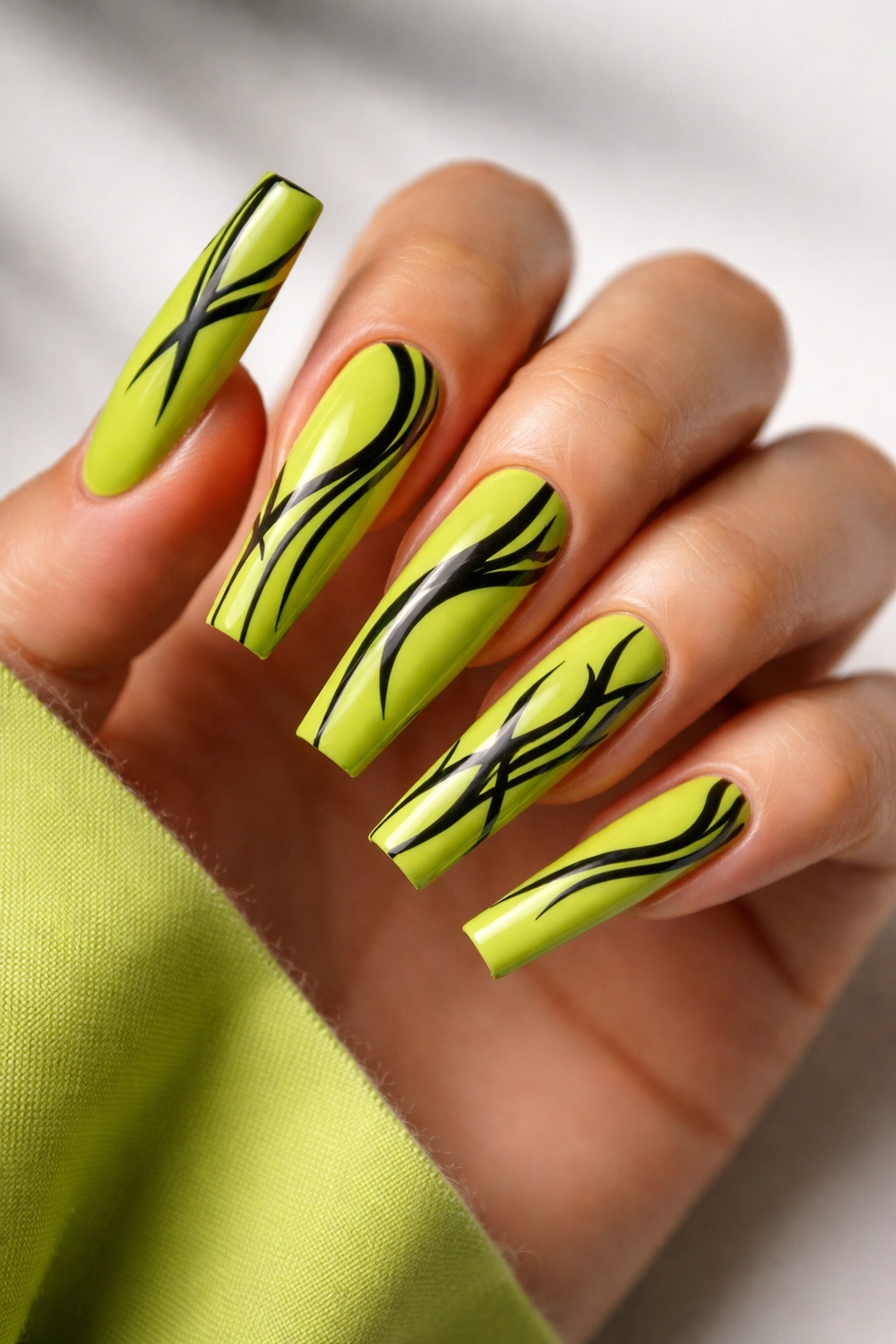 Lime green coffin nails with black line art close-up