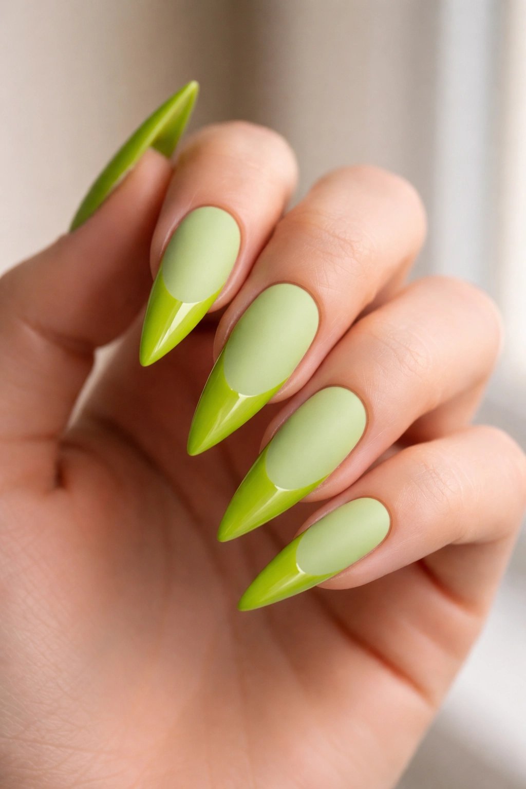 Close-up of matte lime green nails with glossy tips on long stilettos