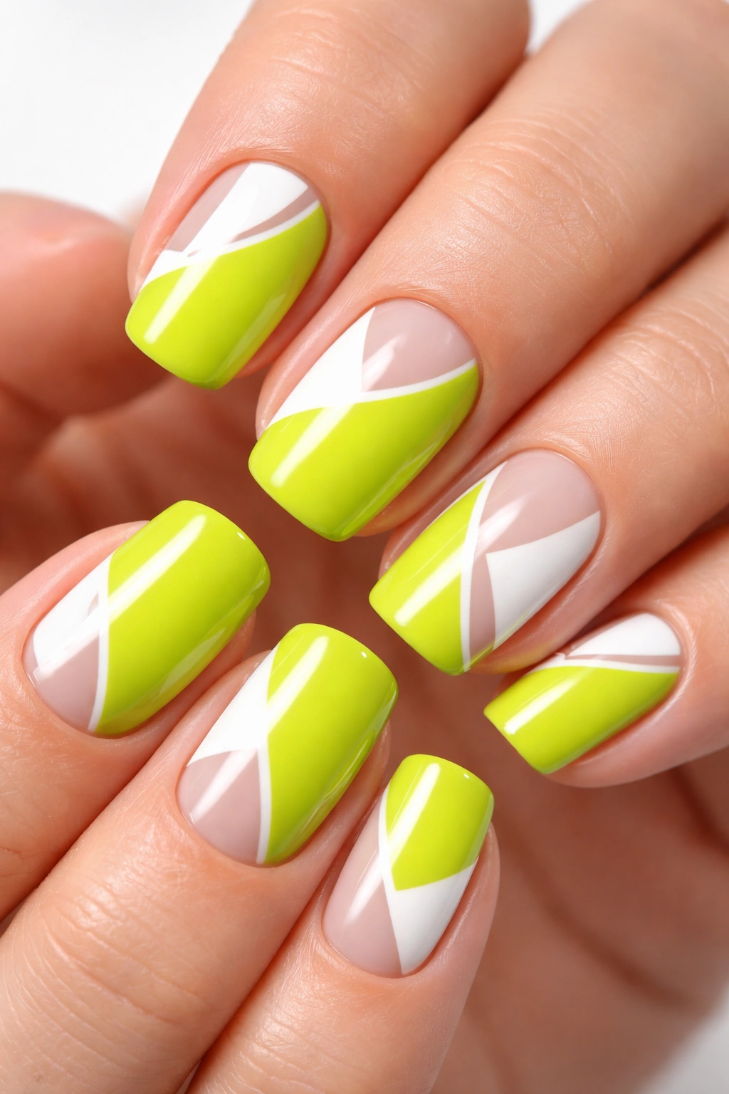 Close-up of lime green nails with white negative-space geometric shapes