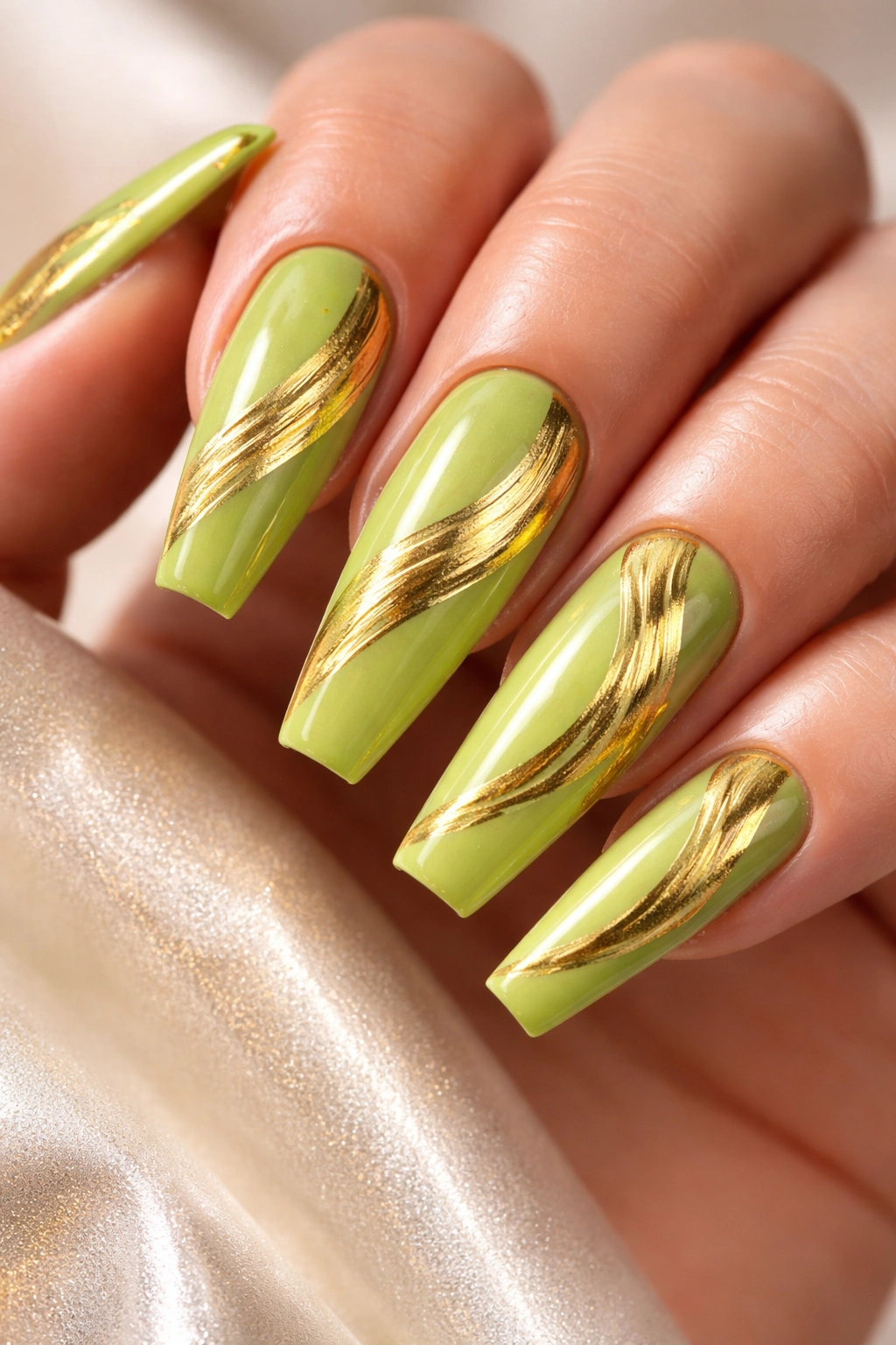 Close-up of lime green coffin nails with flowing gold brush strokes