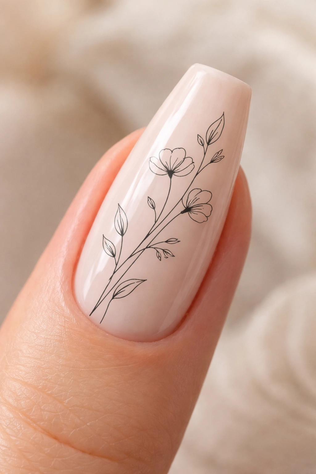 Close-up of coffin nail with black line art floral outlines on pale nude