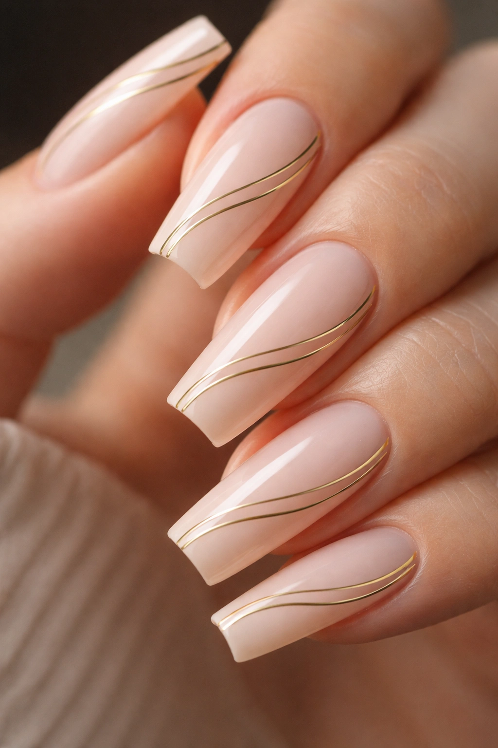 Slim duck nails with minimalist line art following the curve