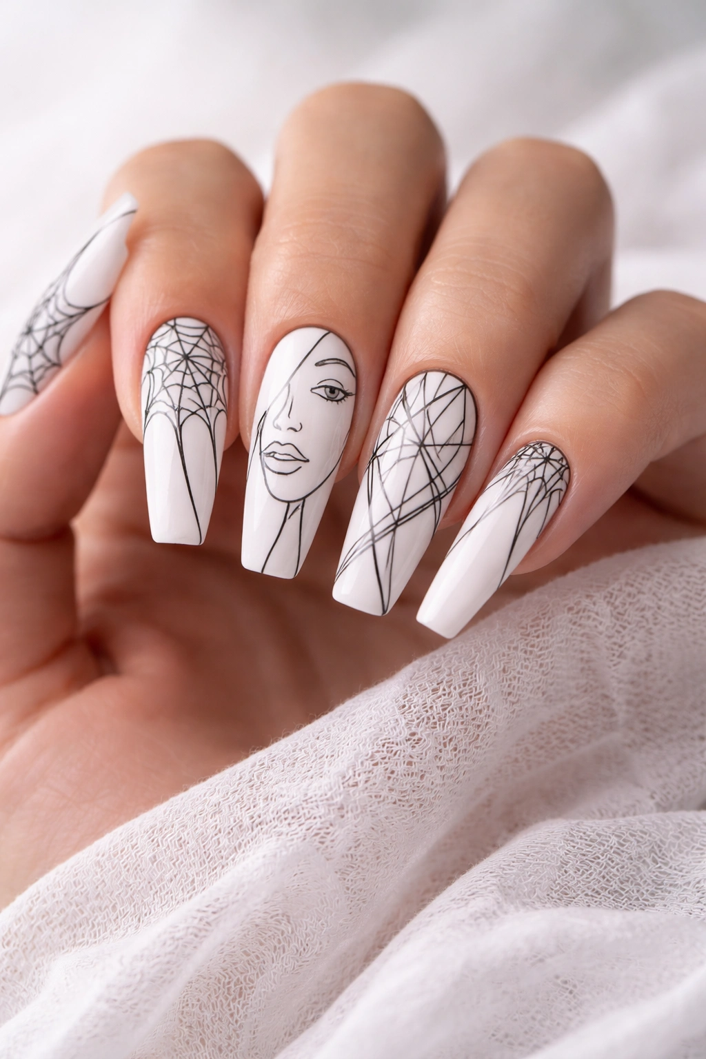 Close-up of elegant line art on coffin nails with black lines on white base