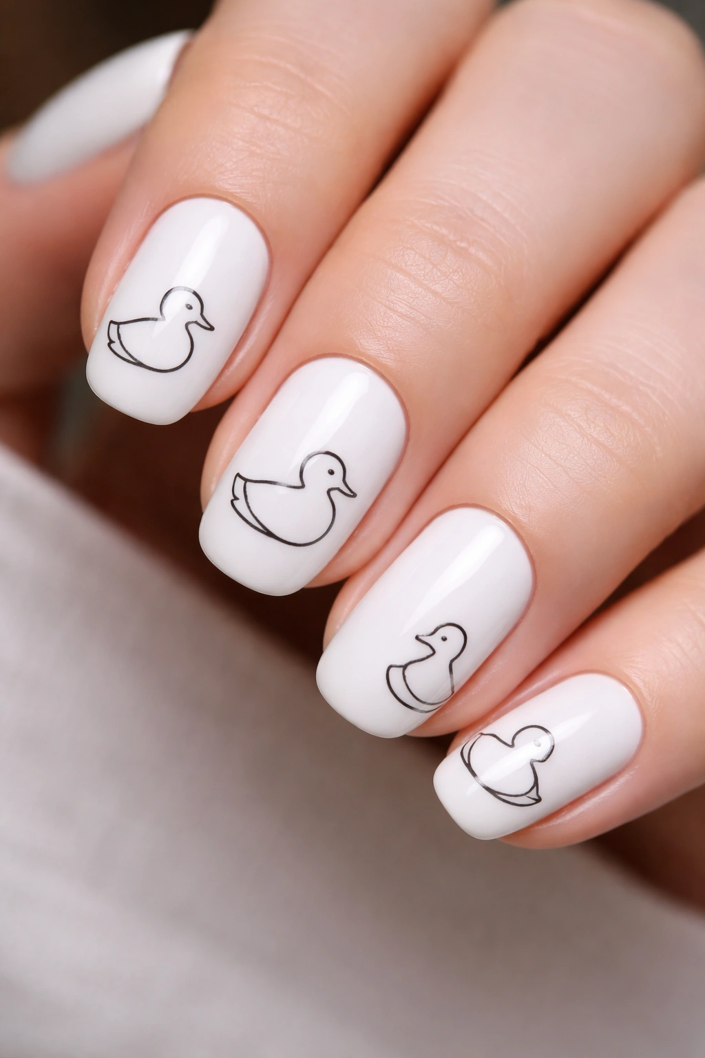 Close-up of minimalist line art duck nails with a single continuous black line on white background.