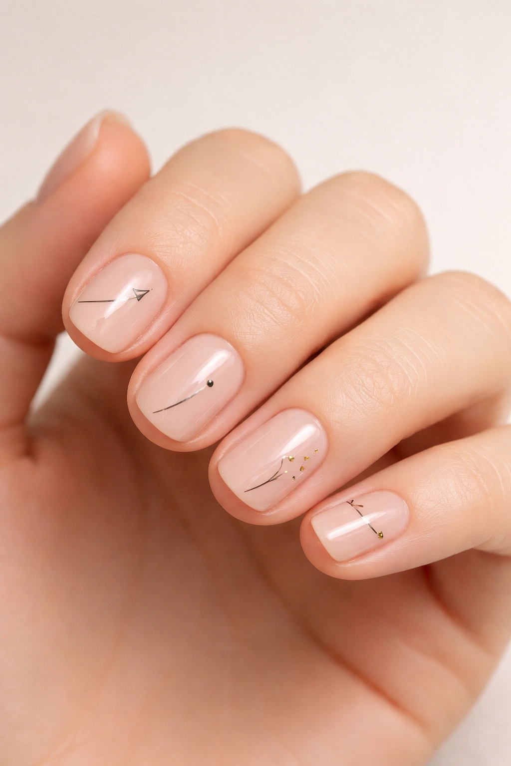 Close-up of short nails with minimalist line art and tiny geometric shapes