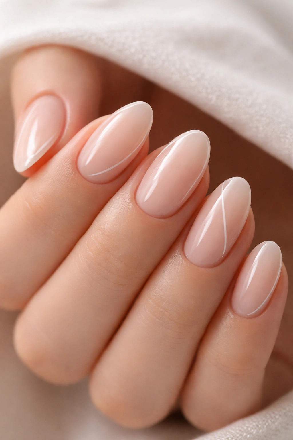 Short almond nails with a single thin line art on sheer pink base