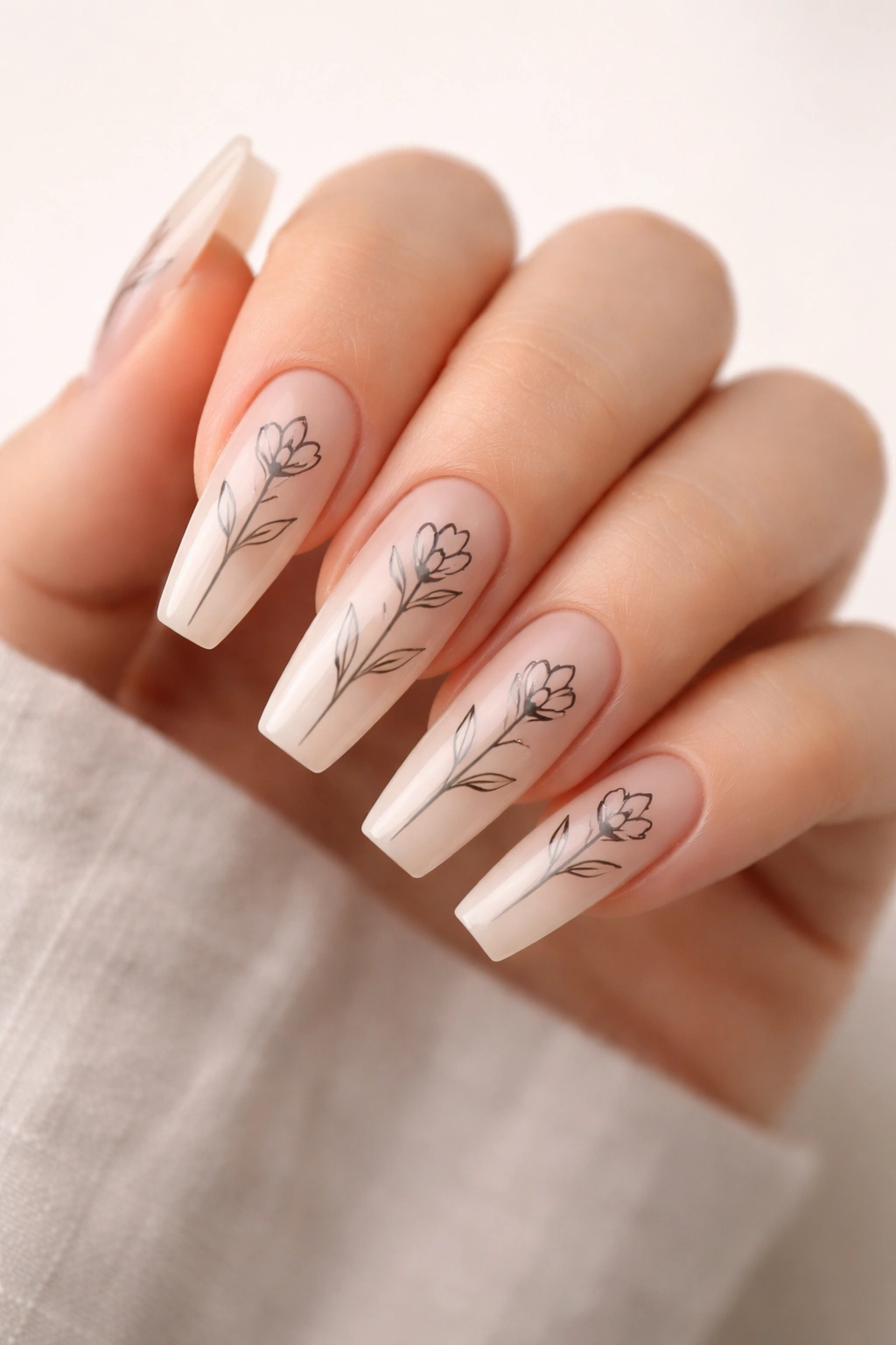 Close-up of nails showing minimalist single-line flower outlines