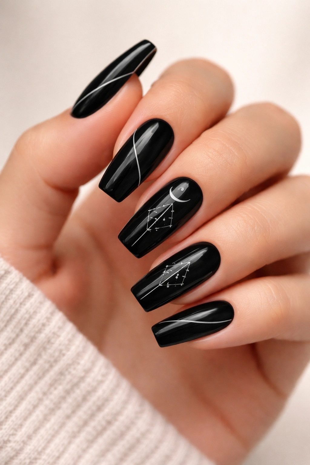 Black coffin nails with white line art geometric design
