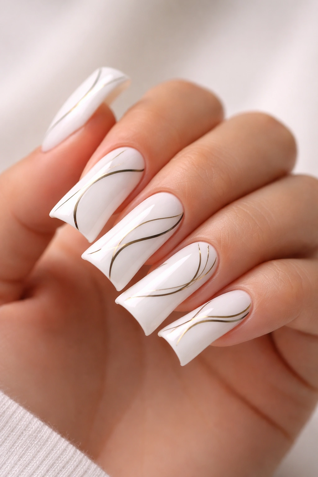 White duck nails with minimalist fine line art on curved nails