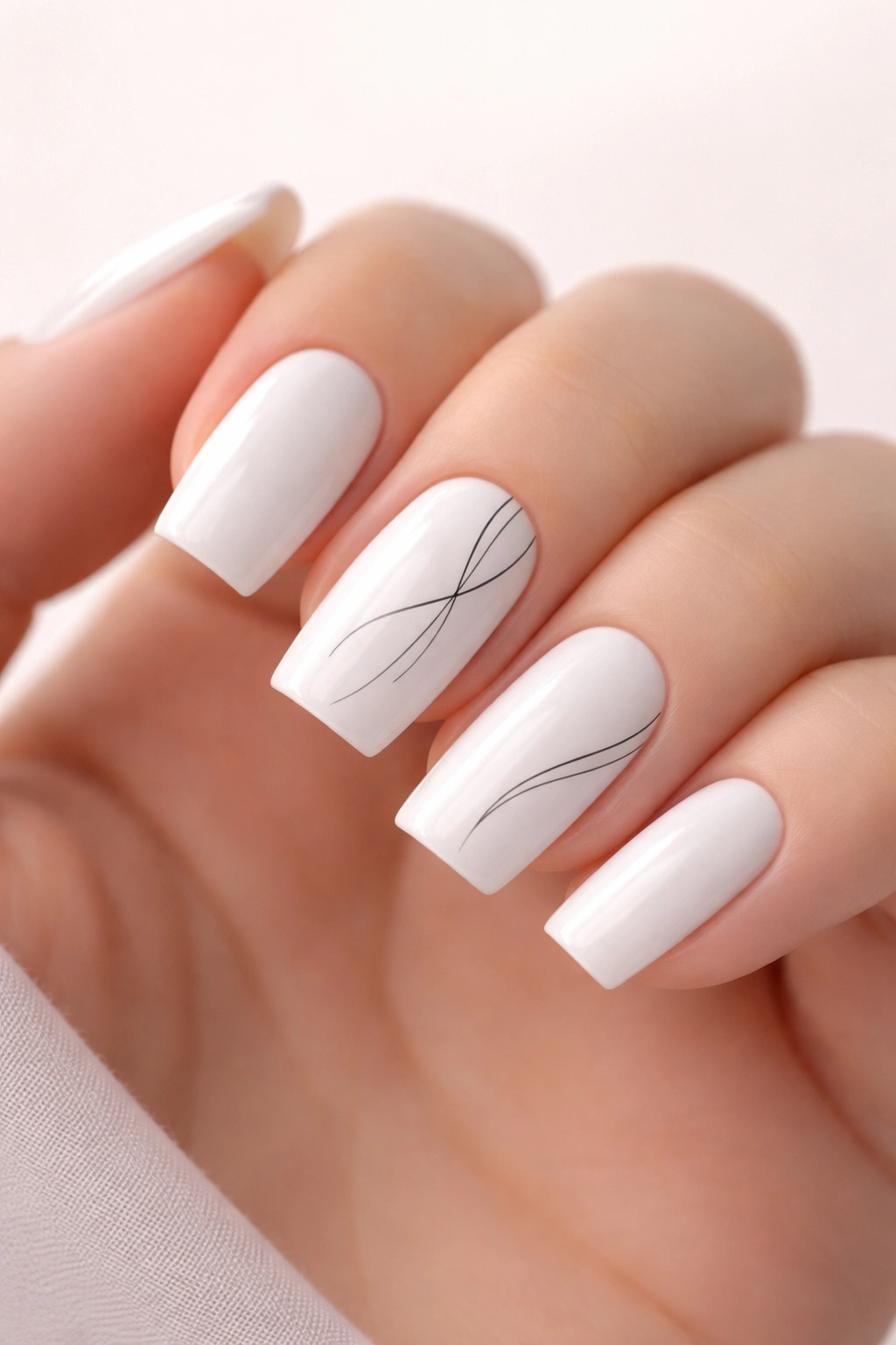 White square nails with minimalist line art.
