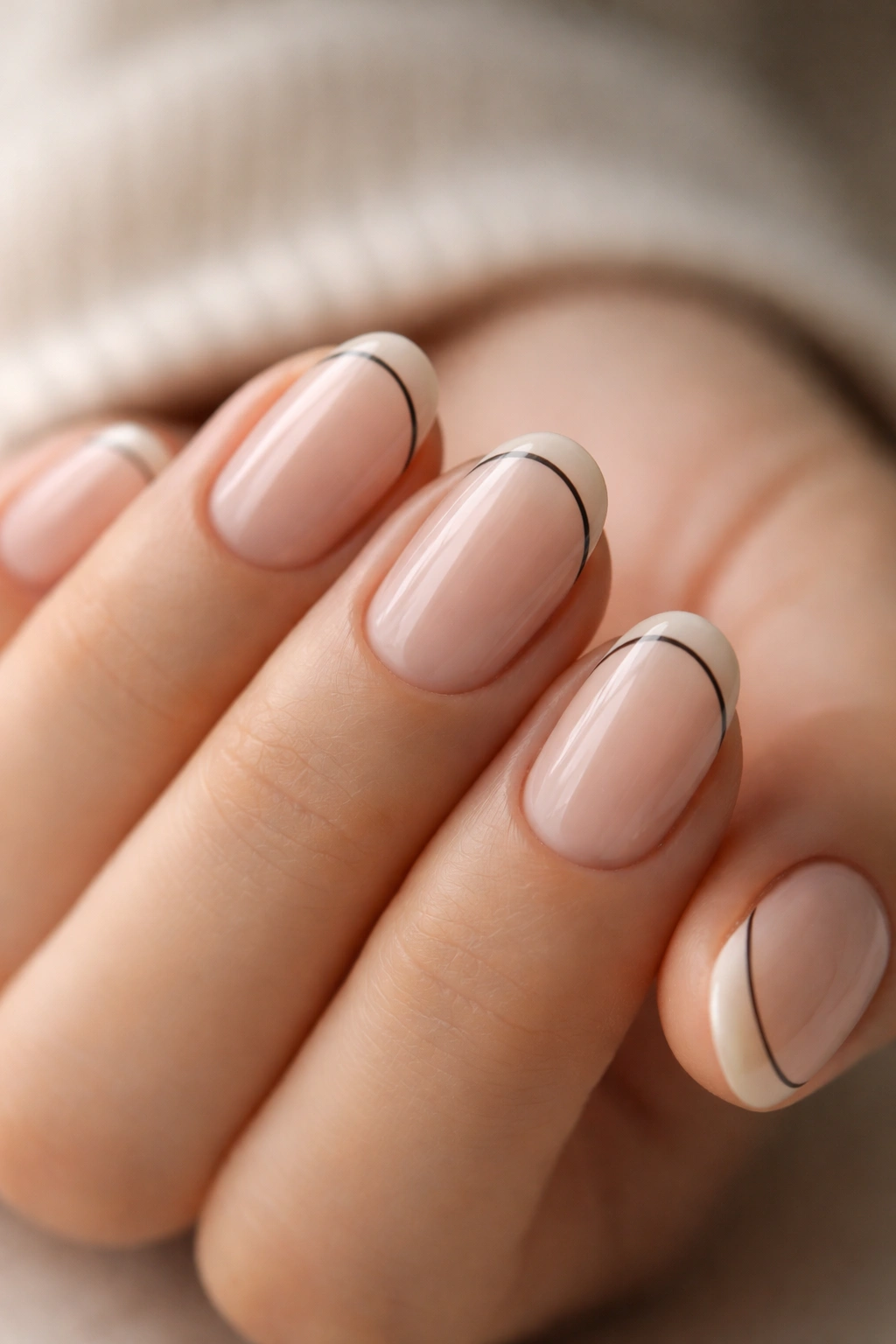 Close-up of short oval nails with a single black line on nude base