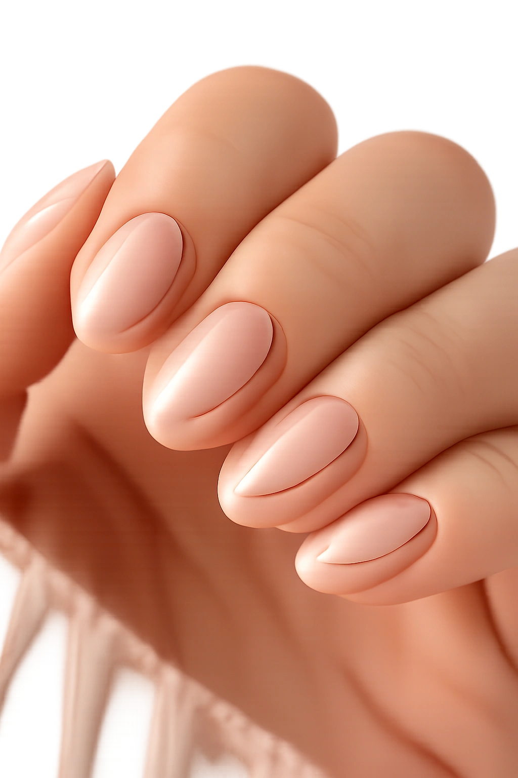 Close-up of nude-based short oval nails with minimal black line art