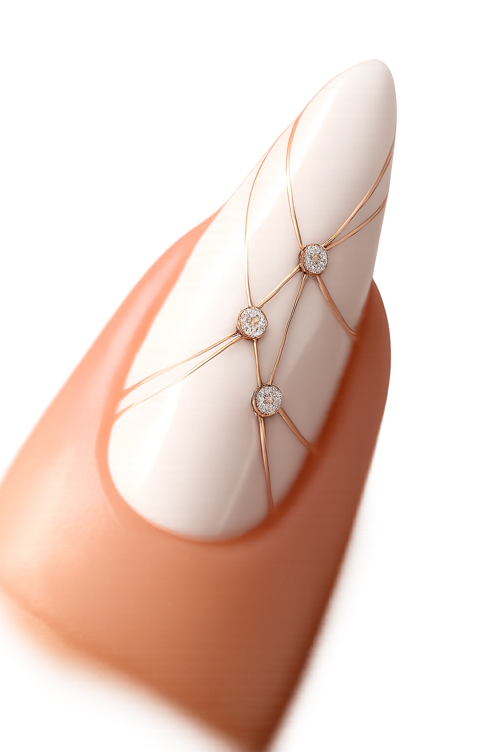 Close-up of a stiletto nail with white base and minimalist line art with rhinestone accents