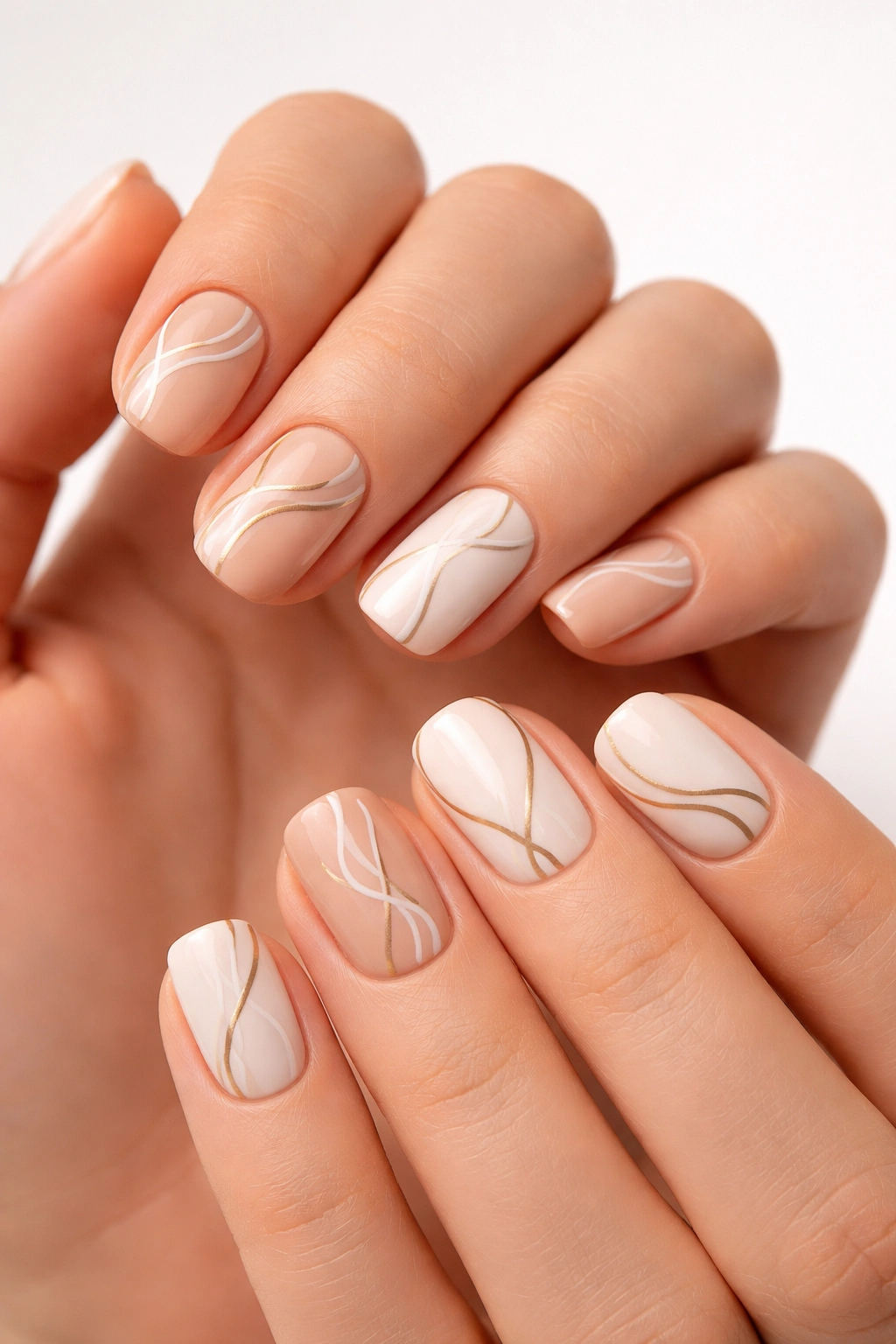 Close-up of two hands with short nails featuring minimalist black line art on nude and white bases
