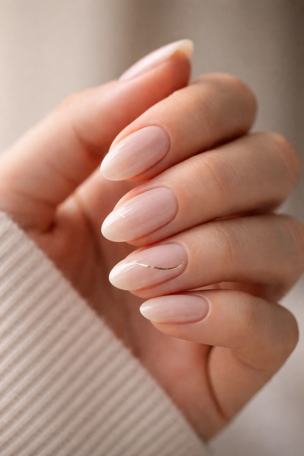 Close-up of a short almond nail with a minimal curved line and dot on nude base.