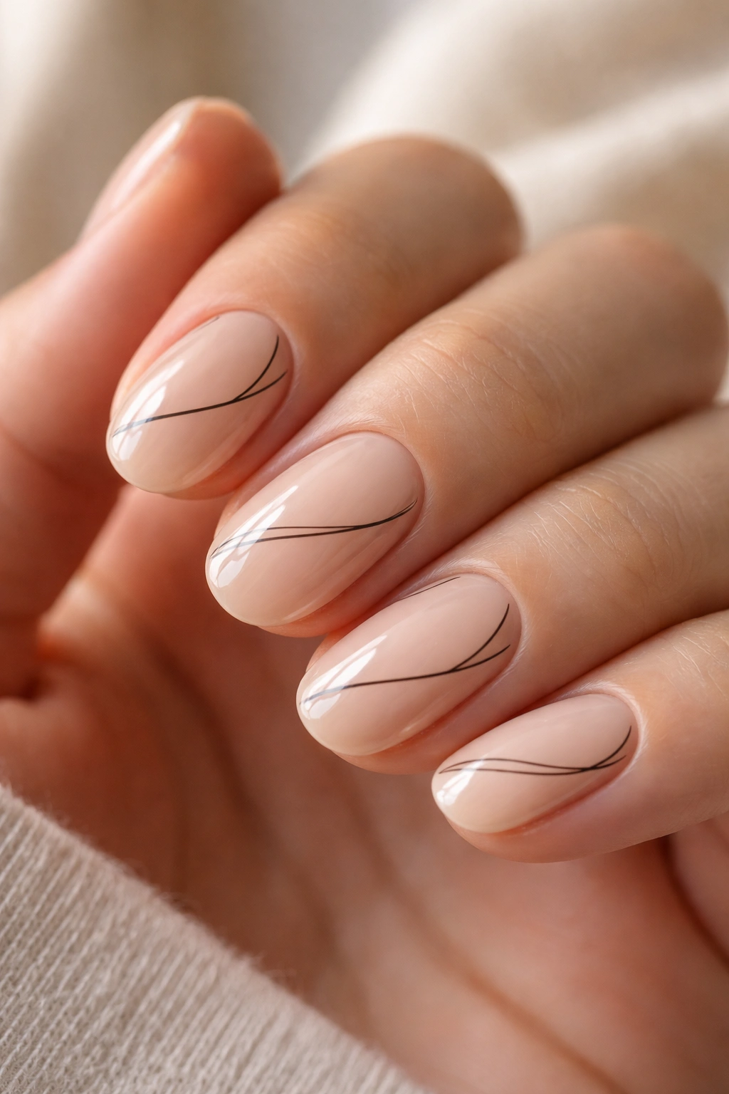 Close-up of short oval nails with minimal black line art on nude base