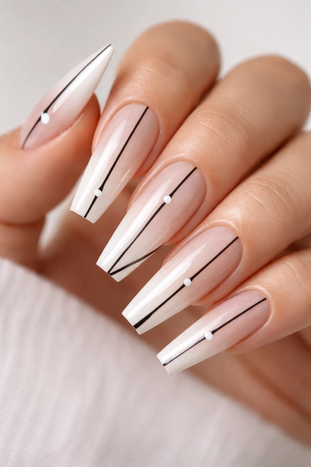 Close-up of coffin nails with thin black lines and white dots.