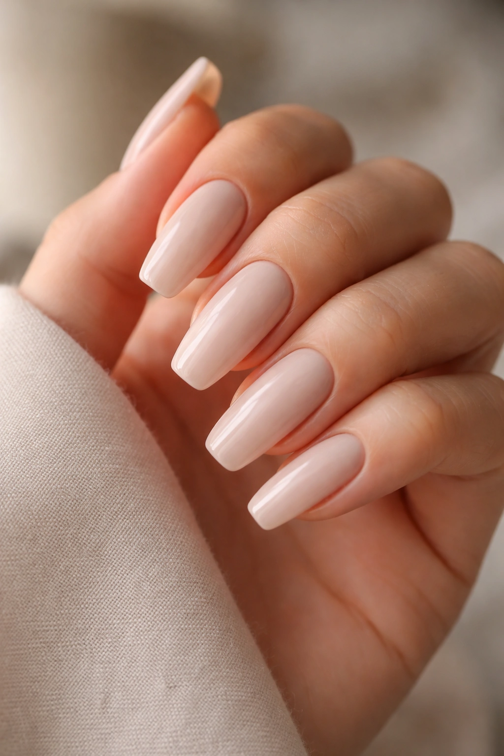 Close-up of linen beige nails with soft sidewall taper on a ballerina shape