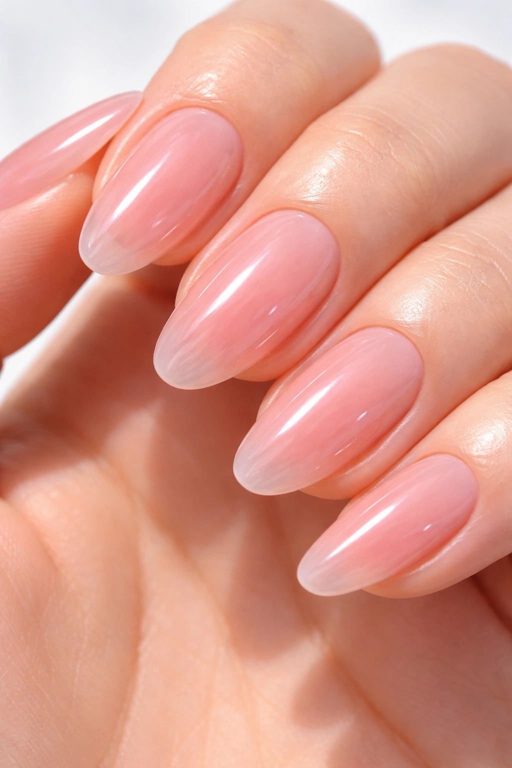Nails with sheer pink lip gloss style jelly finish and high shine