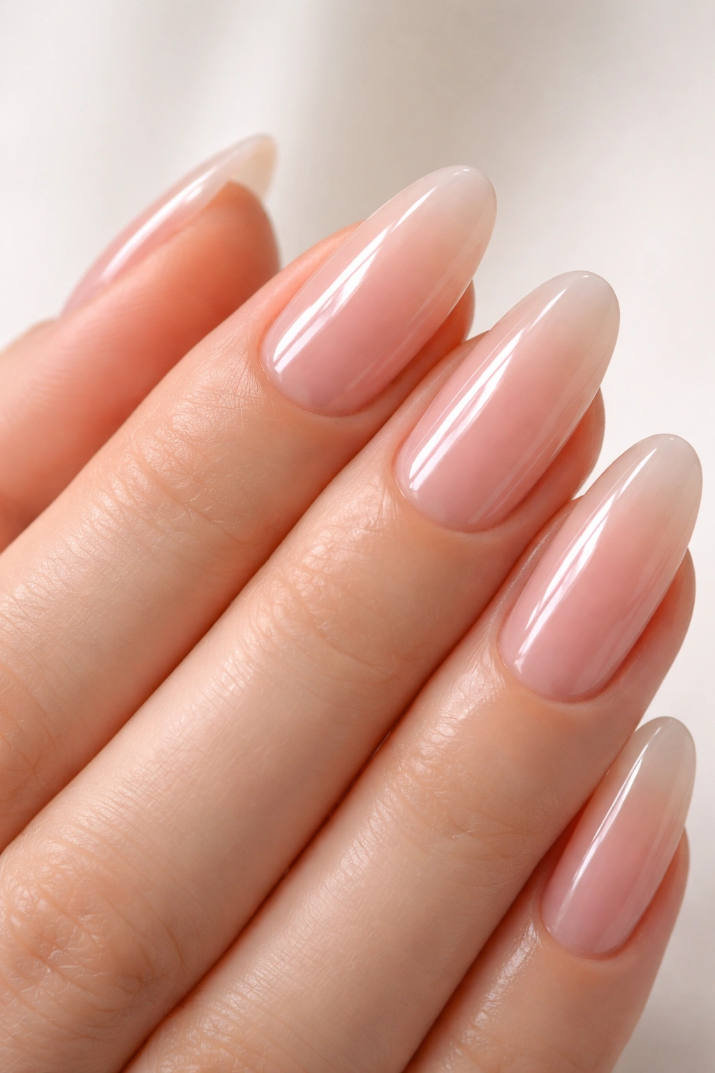 Close-up of long oval nails with pinky nude and glossy wet-look shine