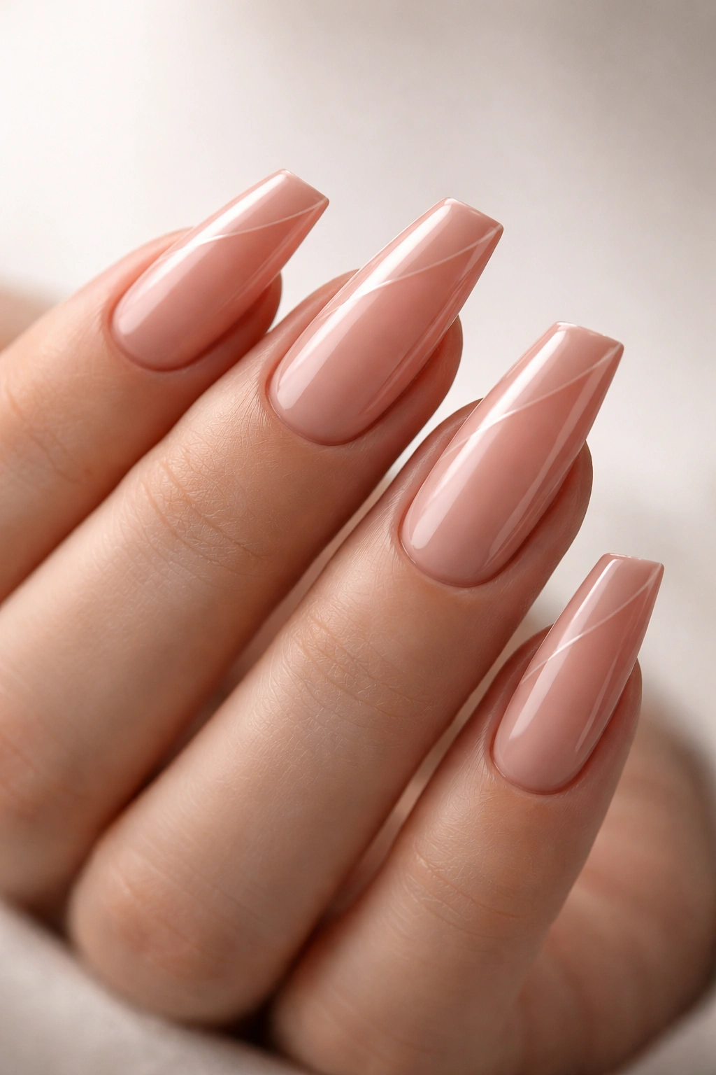 Close-up of a hand showing lipstick nails with asymmetrical diagonal tips