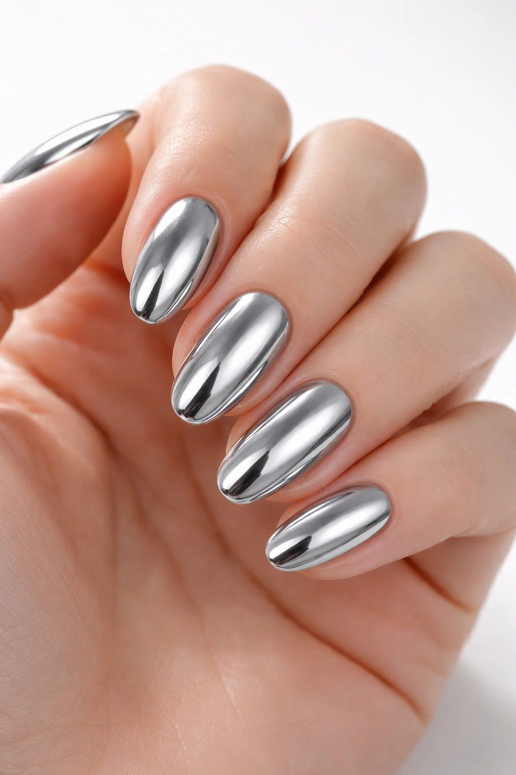 Close-up of liquid chrome nails under lamp-free lighting