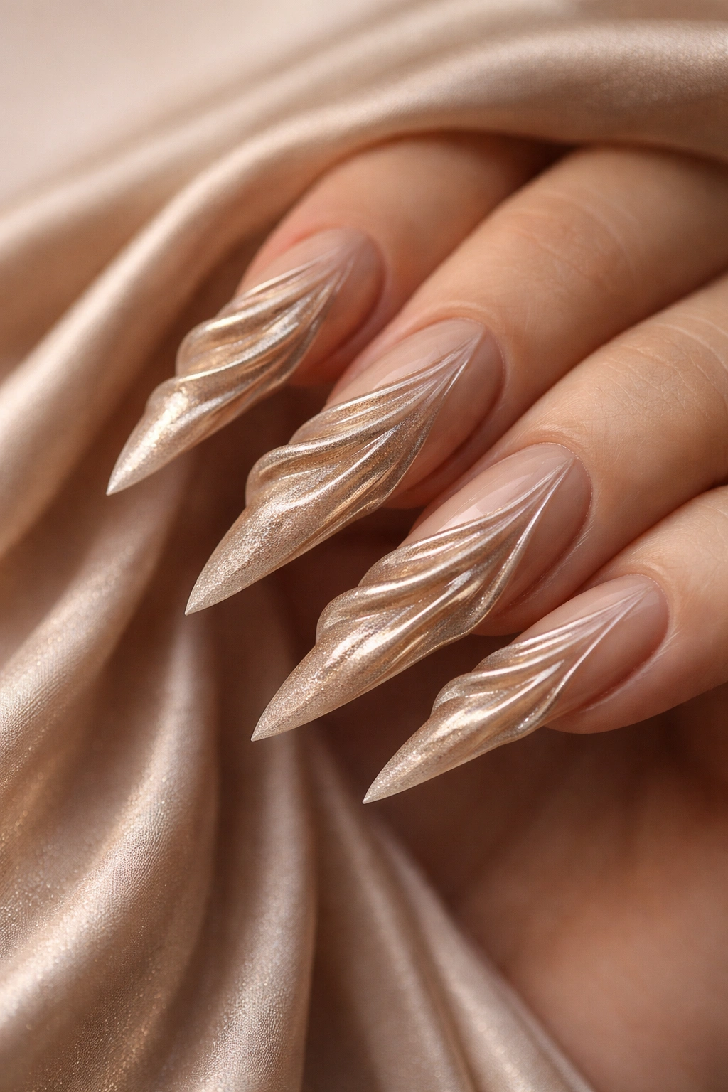 Close-up of nude-based stiletto nails with fabric-like draped folds and champagne shimmer