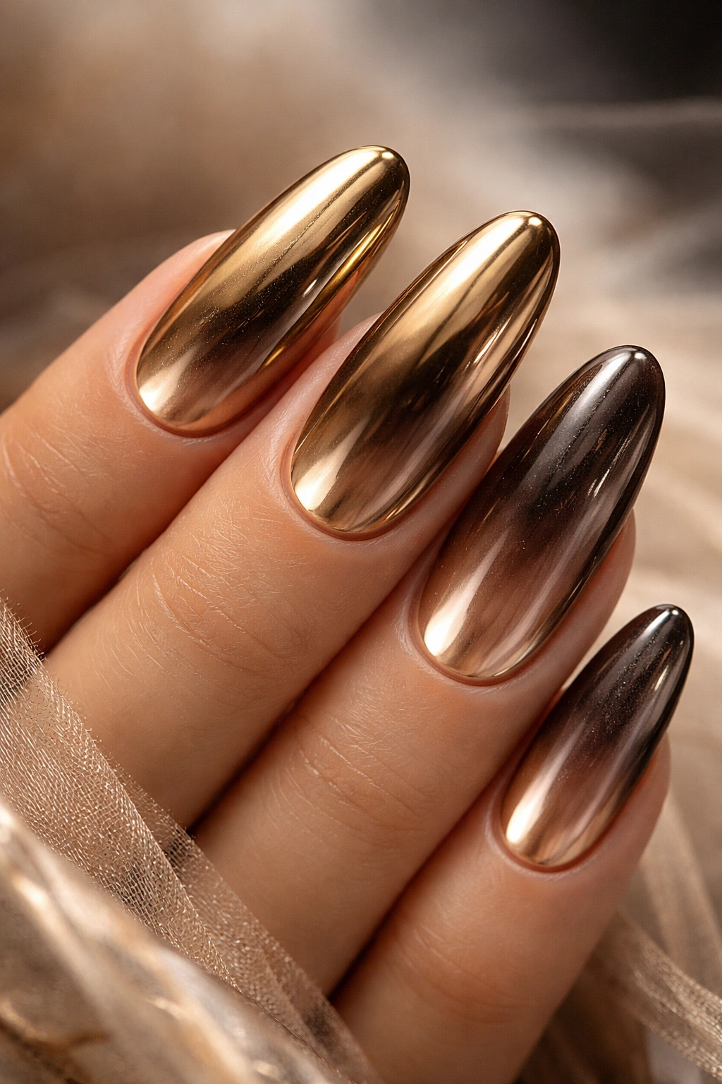 Close-up of liquid gold chrome nails with smoky quartz gradient on long oval nails