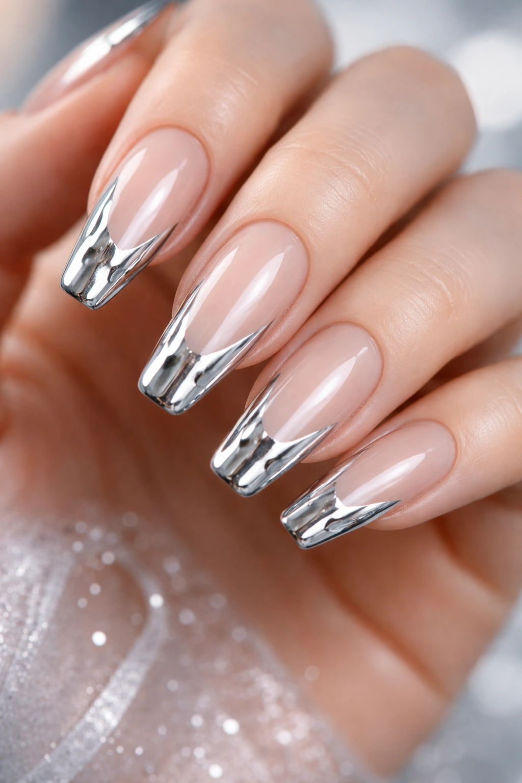 Close up of nude nails with silver liquid metal drips at the tips