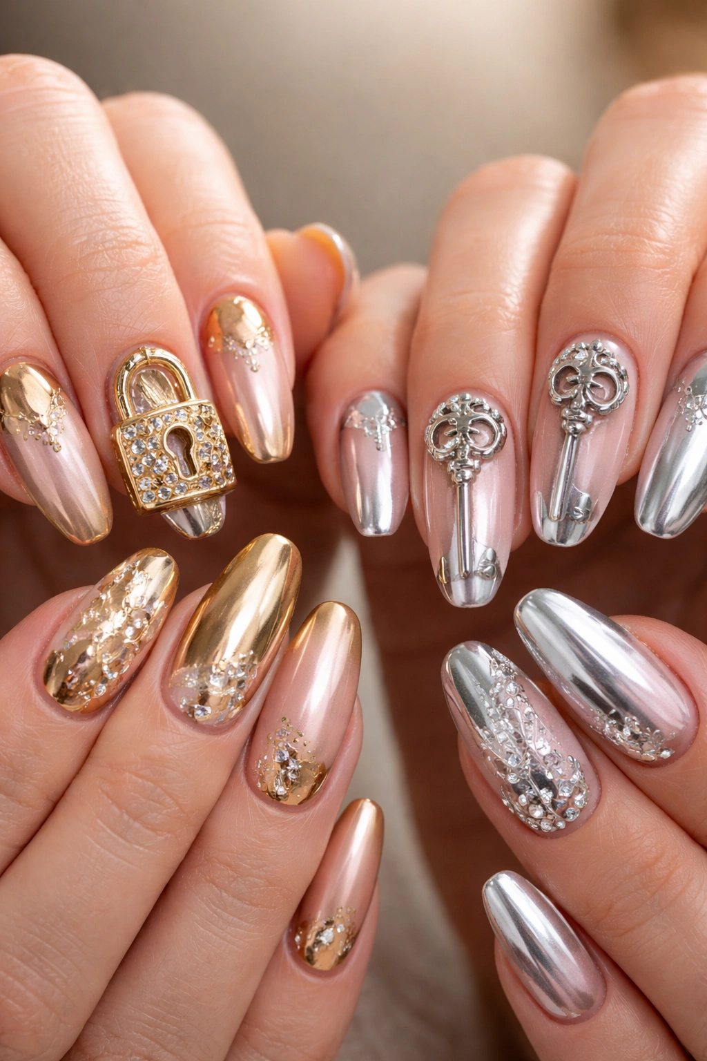 Close-up of lock and key nail designs with metallic accents
