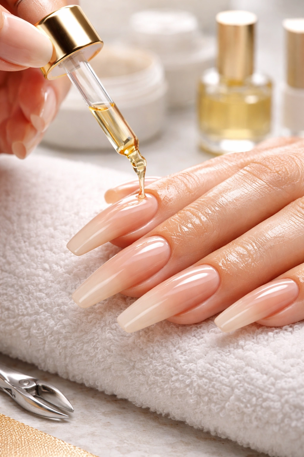 Close-up of a hand with long acrylic nails being moisturized with cuticle oil