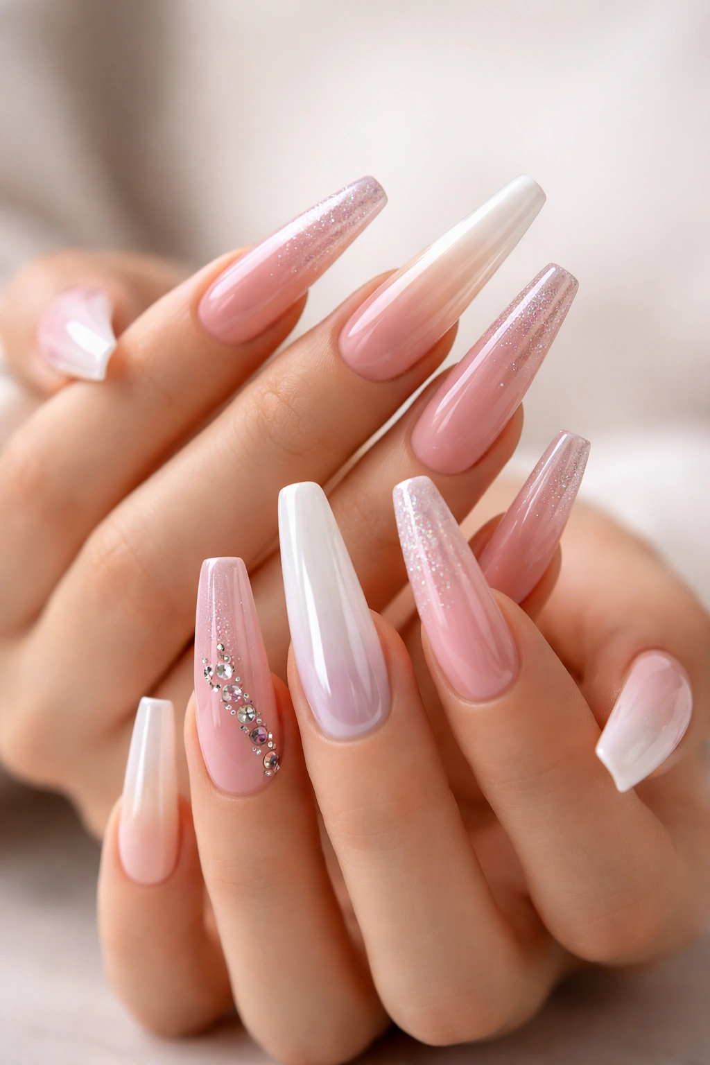 Close-up of long acrylic nails on hands with glossy finish in neutral studio setting