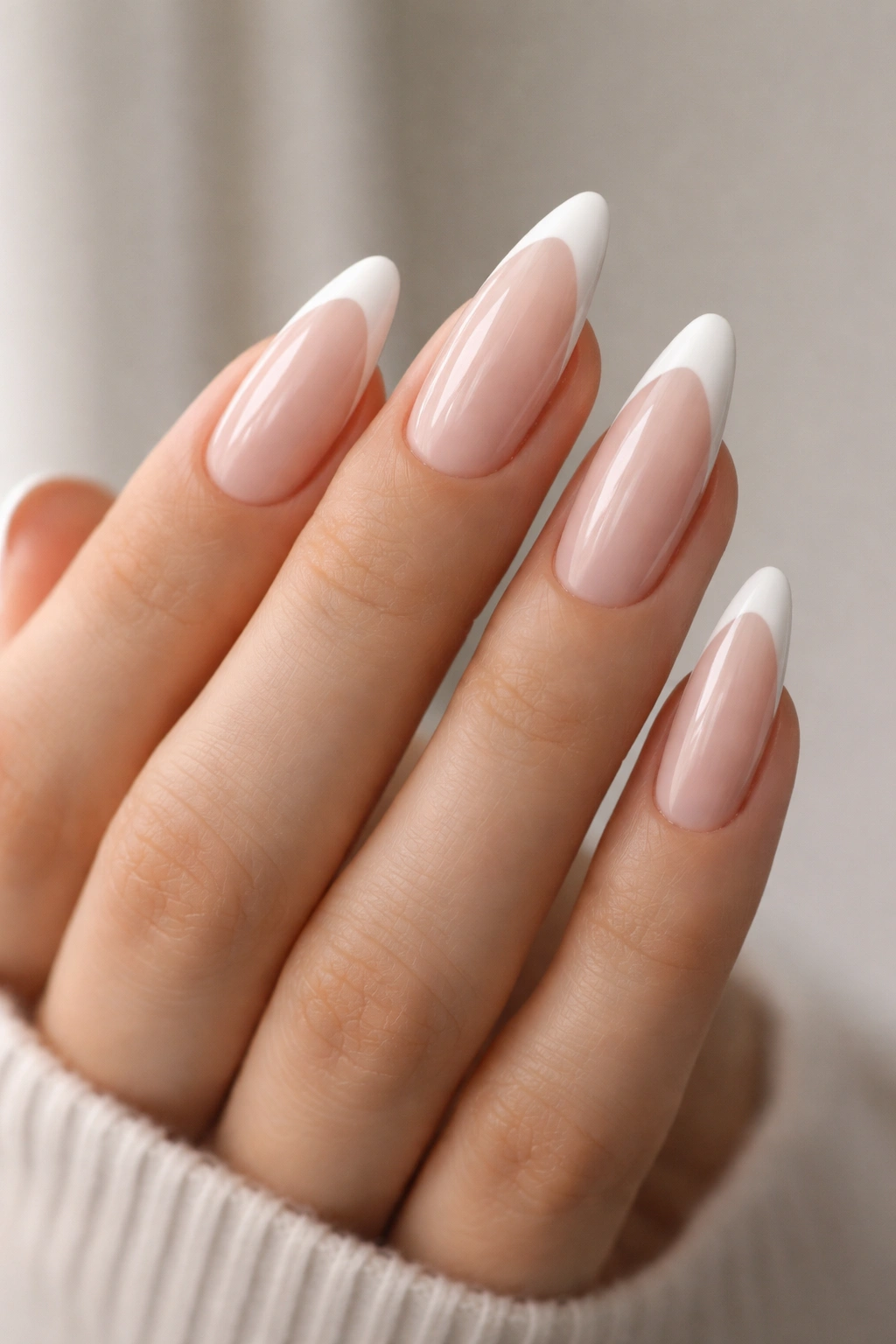Long almond nails with a minimal, very thin white french tip.