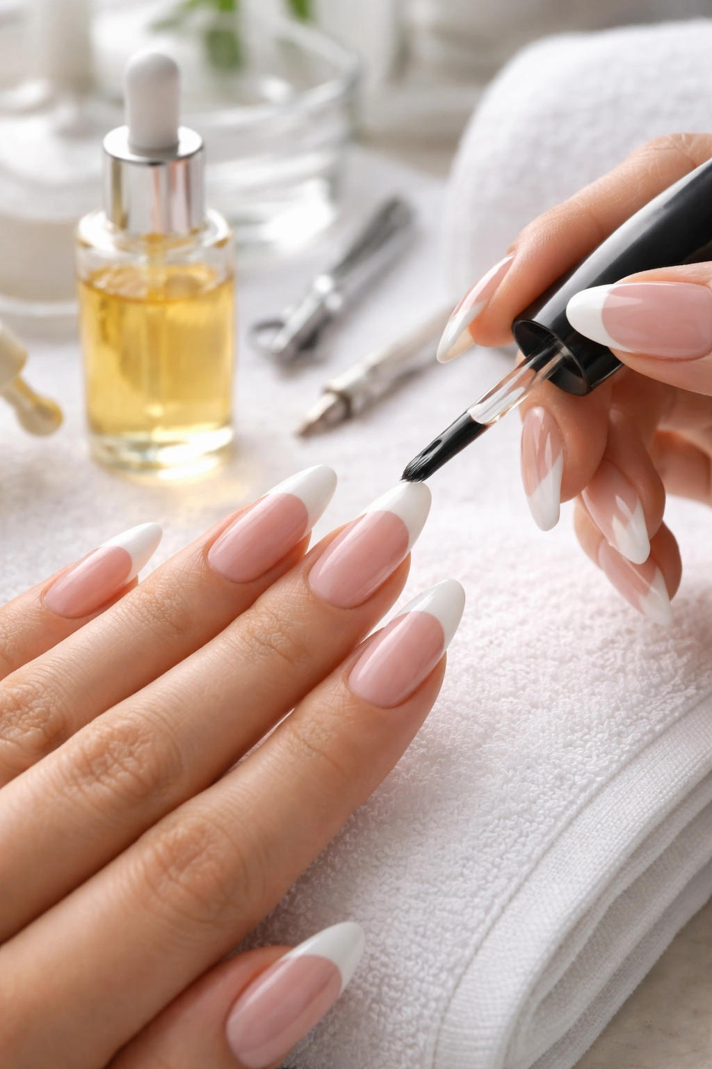 Hands applying top coat on long almond nails with cuticle oil nearby.