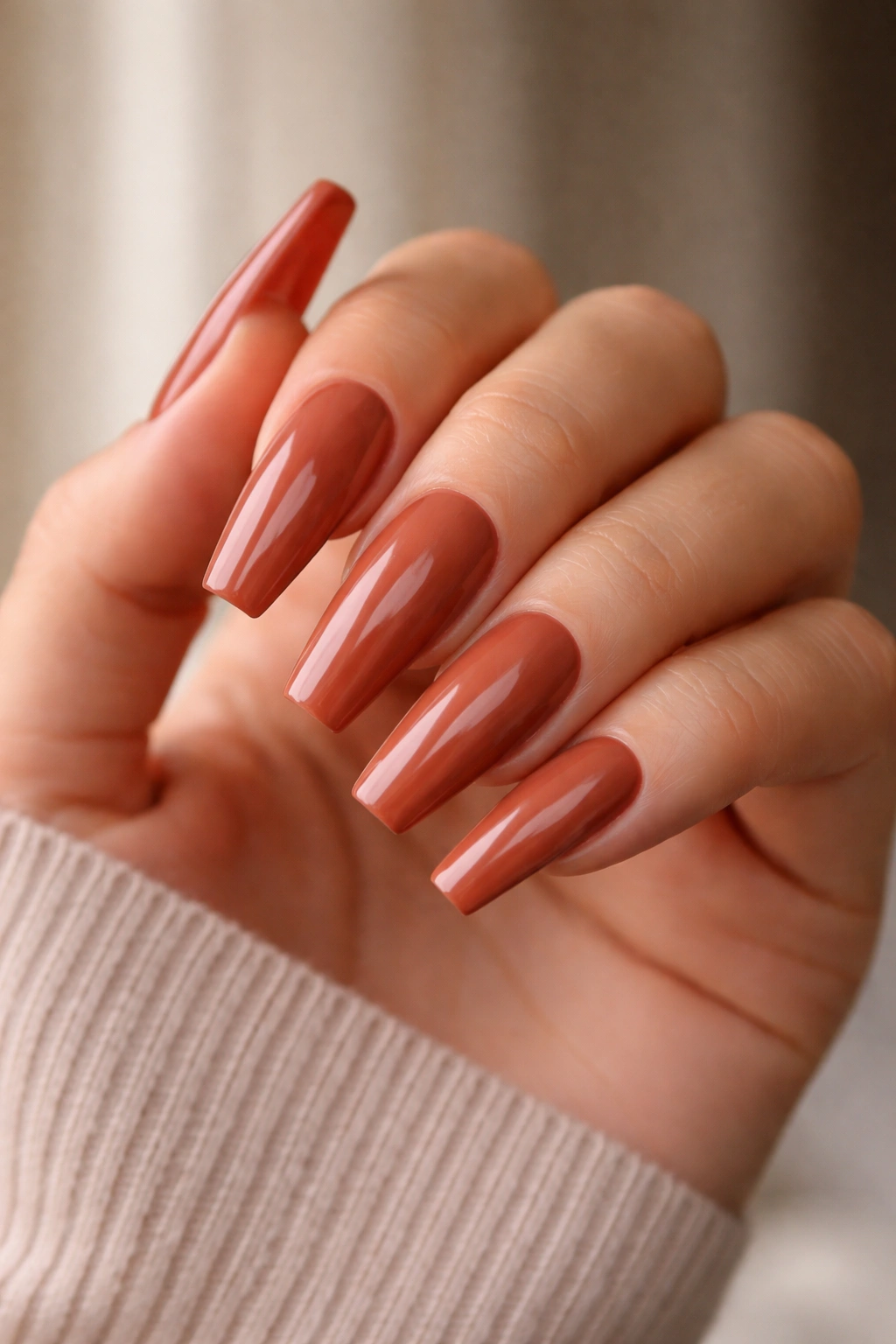 Close-up of long coffin nails showing dramatic elongation and warm polish
