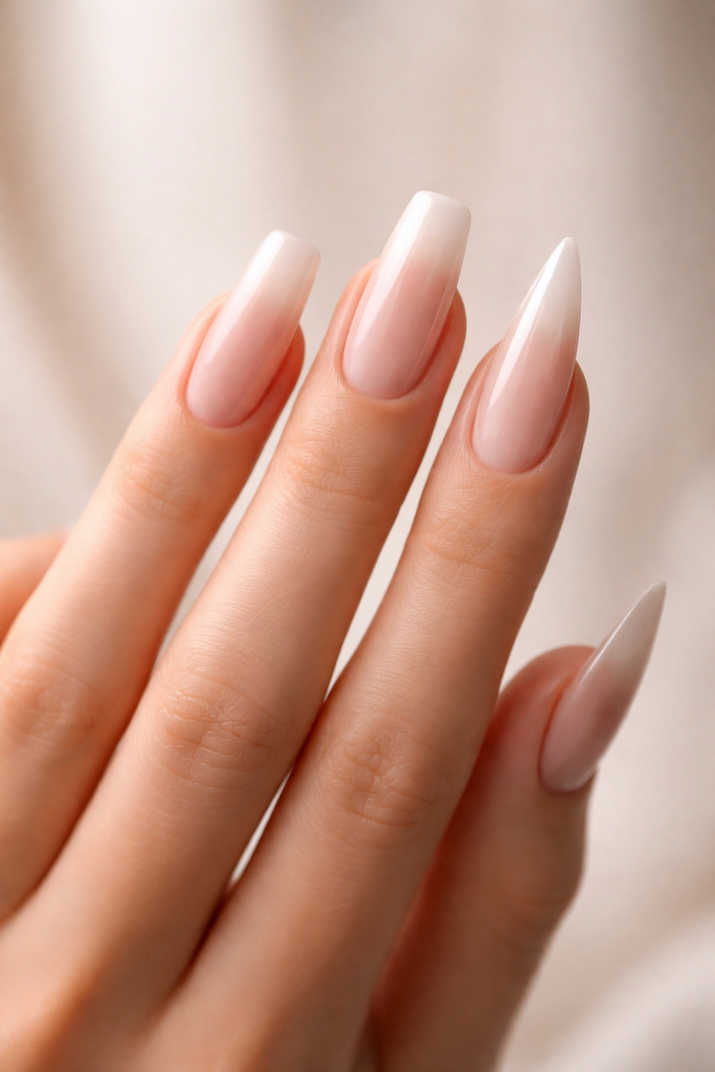 Close-up of long fingers with nails in coffin, square, and stiletto shapes on a single hand against a plain background