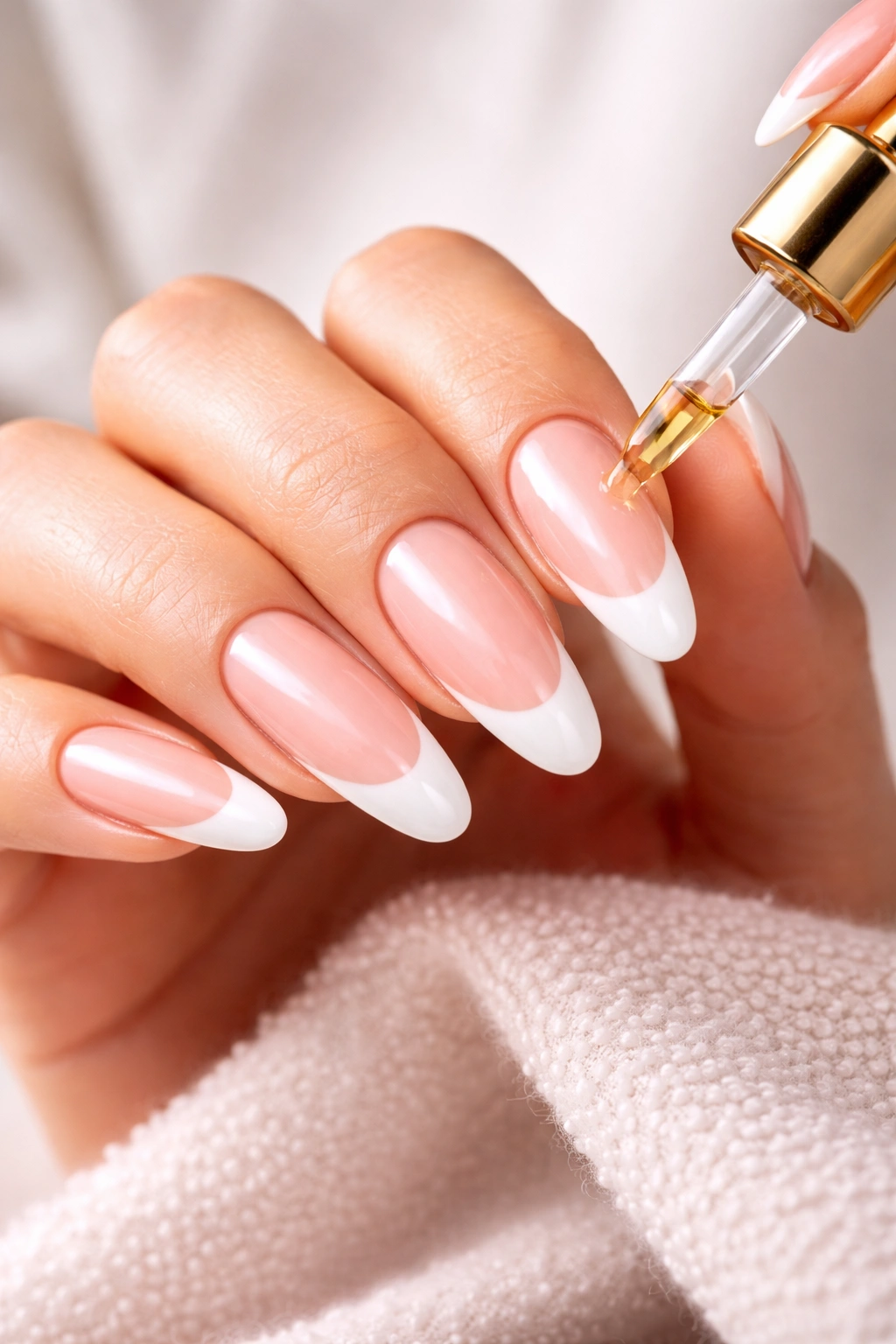 Hand with well-manicured long French nails receiving cuticle care